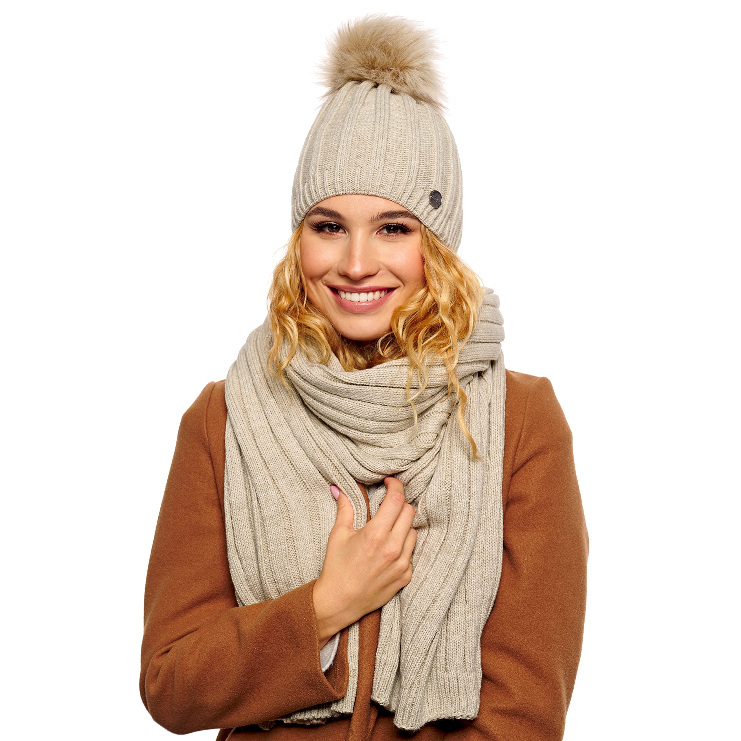 ELIMELI® Kaschmir Mütze Damen Winter warme Strickmütze Wollmütze mit Kaschmir Wintermütze mit Kunstfell Bommel Slouch Strick Beanie Damen für Winter Bommelmütze Hergestellt in EU