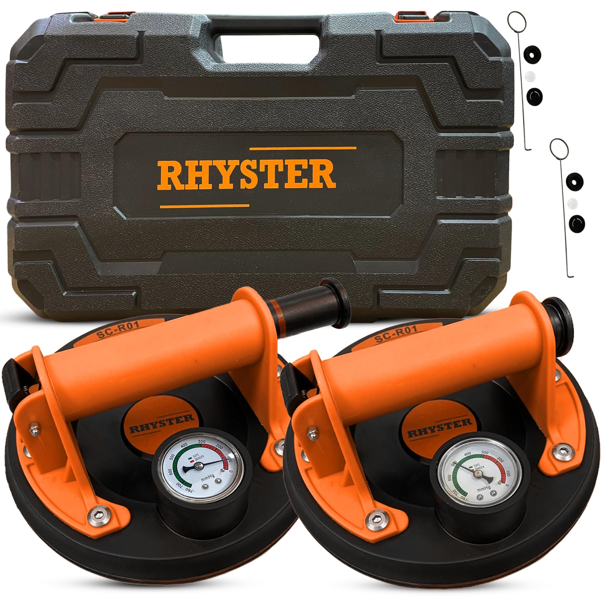 RHYSTER® 2 Ventose per Piastrelle con Manometro e Indicatore di Sicurezza, Diametro 200 mm, Supporto Fino a 300 kg, Ideale per Piastrelle, Vetri, Parabrezza, Mobili, Kit di Ricambio per Valvole