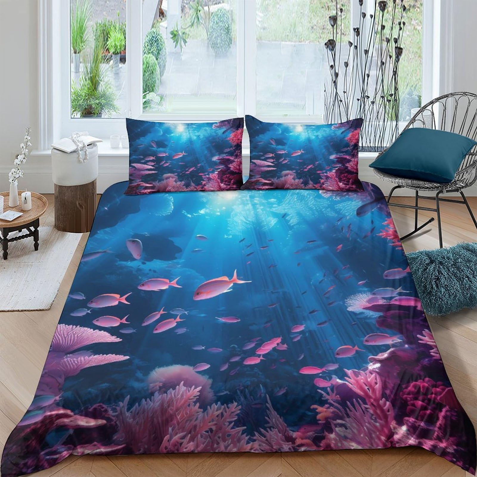 Ctjqhvkz Style-9 3D Printed Underwater Ocean Fitted Sheet Microfiber Soft Blue Coral Reef Bed Cover For Bedroom Guest Room Mattress Decor Single（135X200cm）