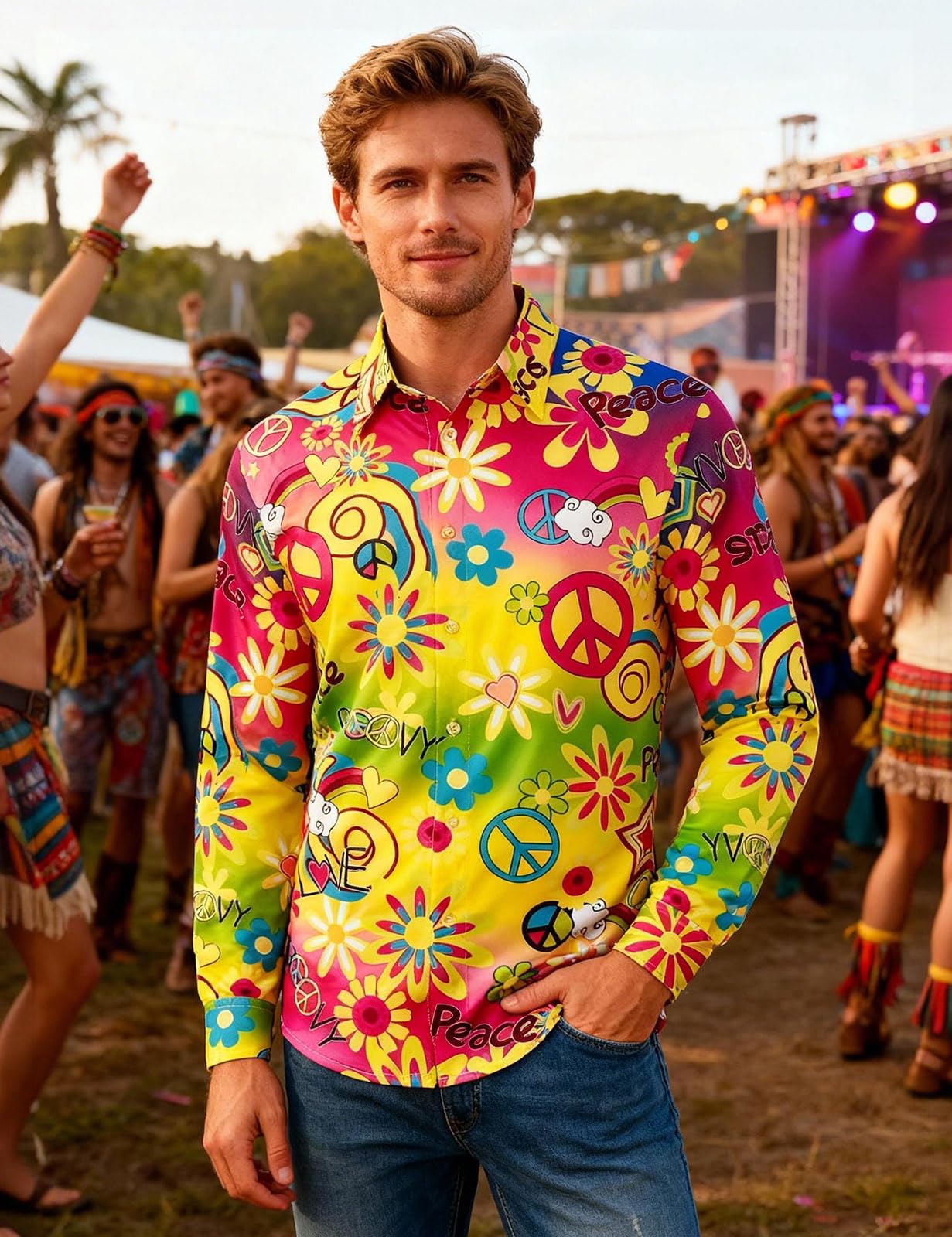 Camisa de años 70 60 Hippie para Hombre Manga Larga Flores Shirts