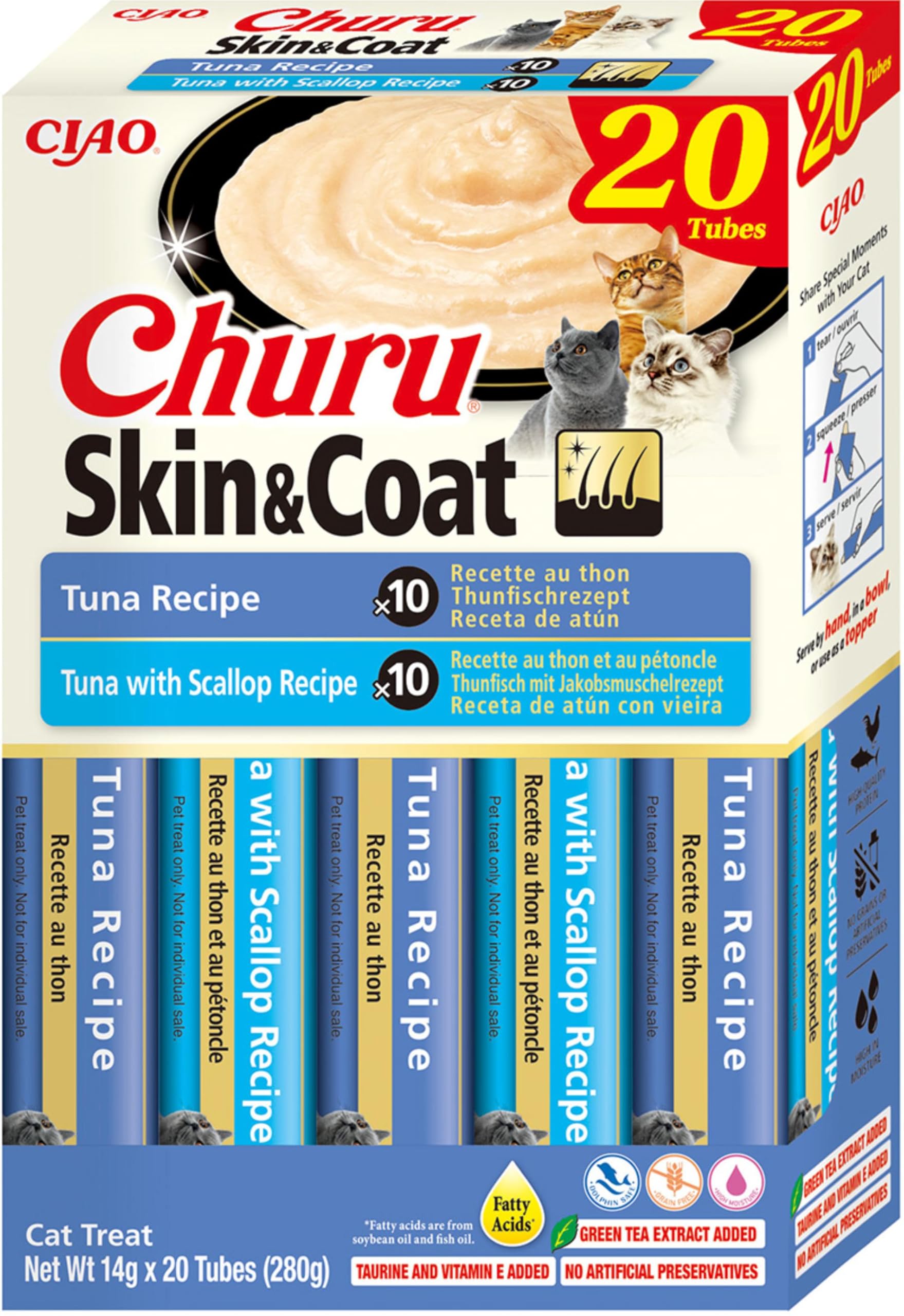 INABA Churu Skin&Coat para Gatos - Snack Cremoso para el Cuidado de la Piel y el Pelaje - 2 Recetas de Atún - Enriquecido con Omega 3 y 6, Taurina y Vitamina E - 280 g (20 x 14 g)