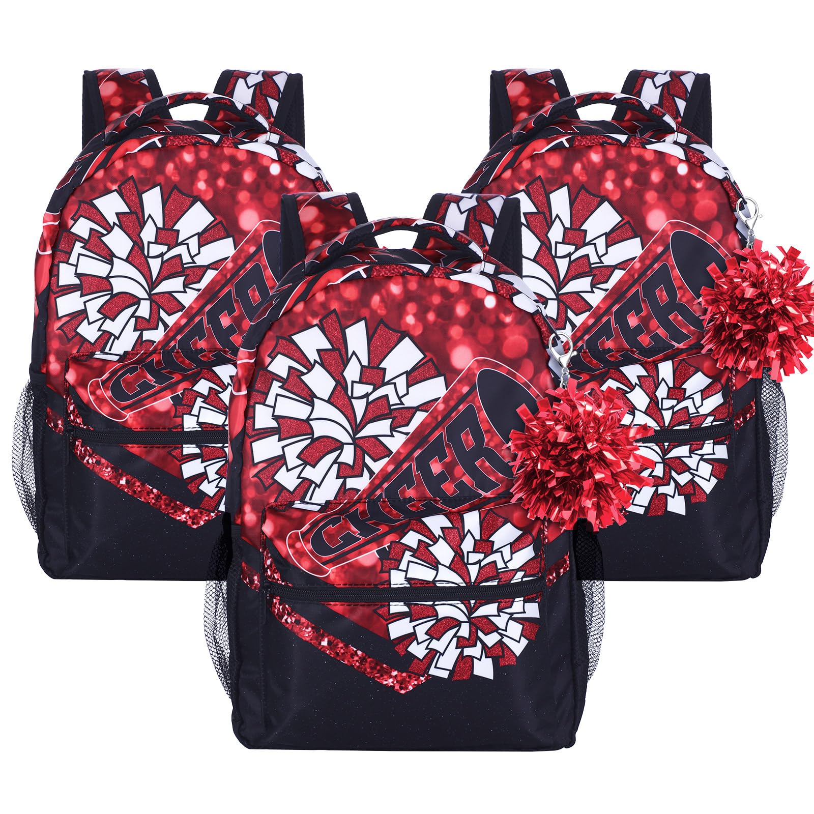 Reginary 6 Pcs/ 3 Set Burgundy Red Cheer Backpacks with Pom Keychain