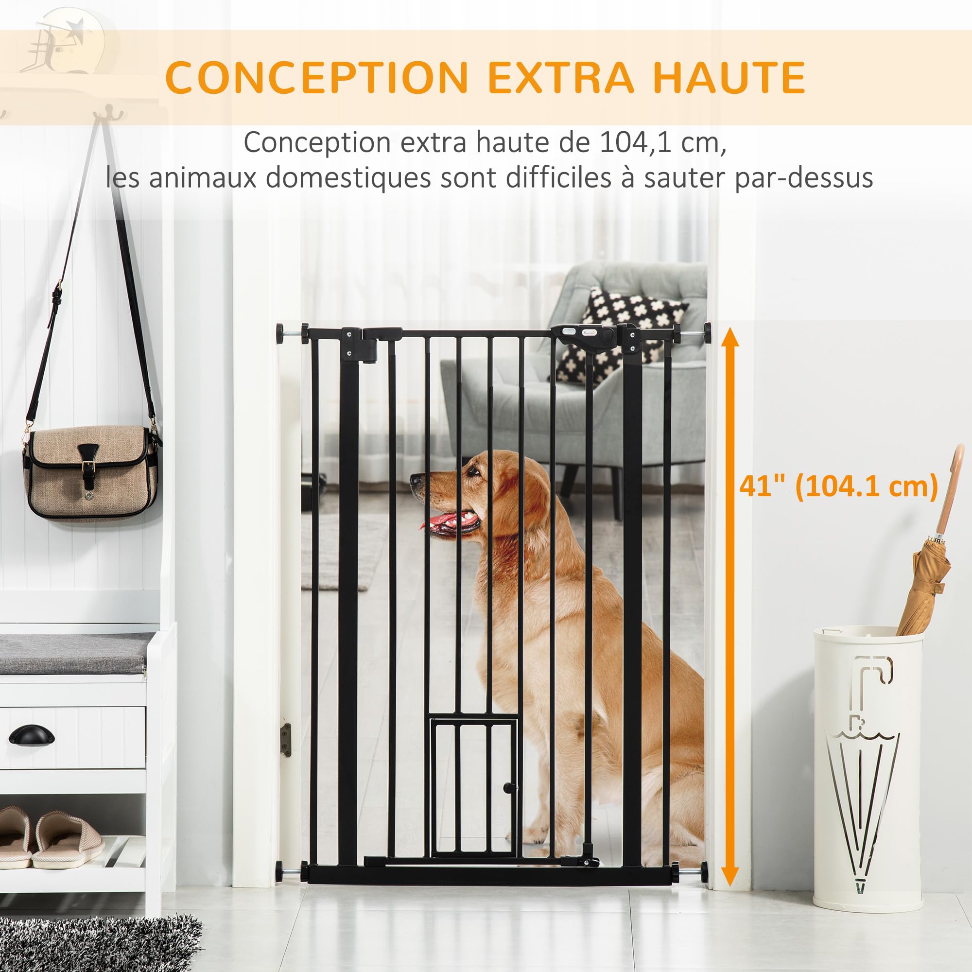 PawHut Barrière de sécurité Animaux de 104H cm Conception Haute avec Porte Chat Fermeture Automatique système de Double Verrouillage sans percage de 74 à 101 cm Acier Noir