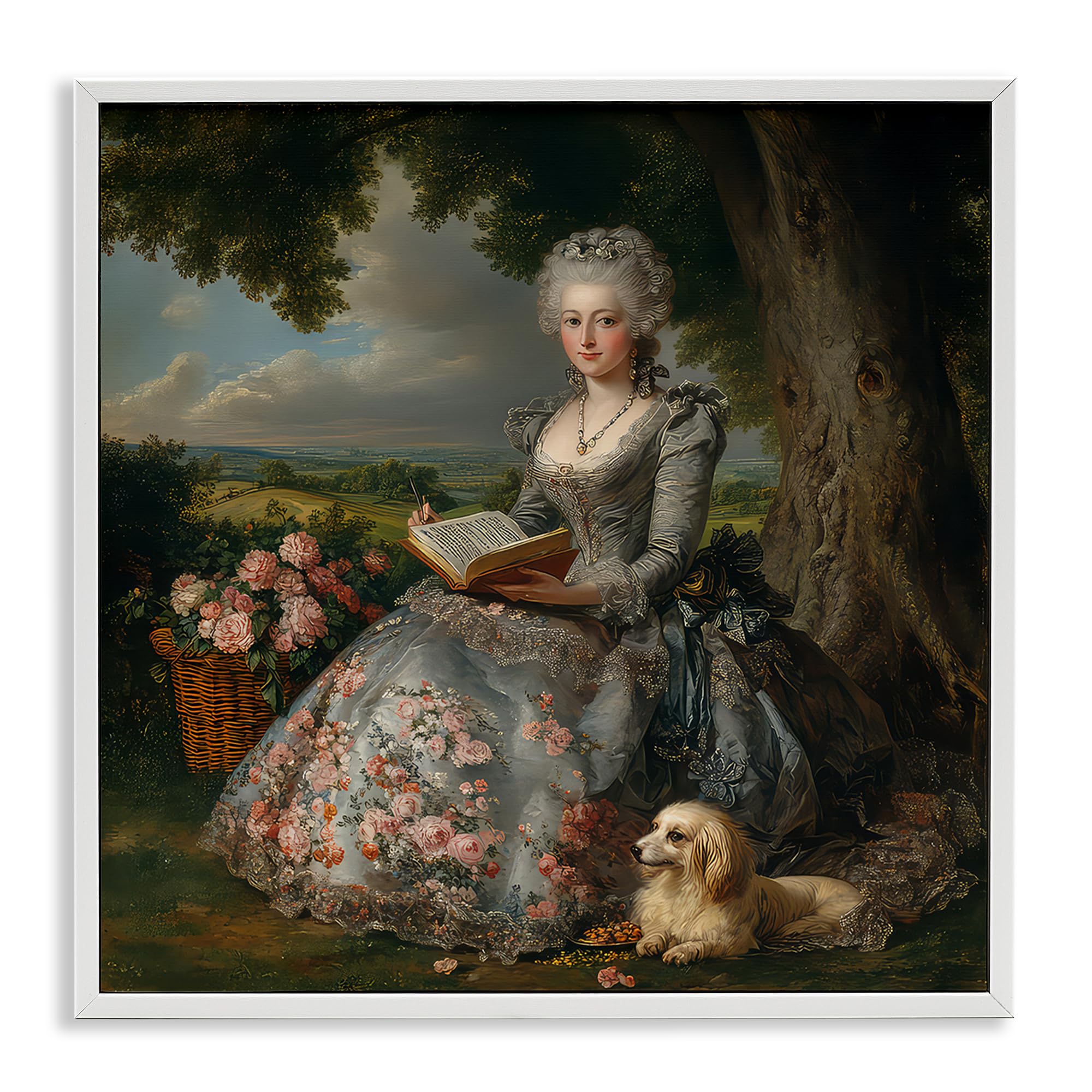 Stupell Industries Coastal White (Textured) 'Reading Rococo Lady With Dog'| Framed Giclee Art