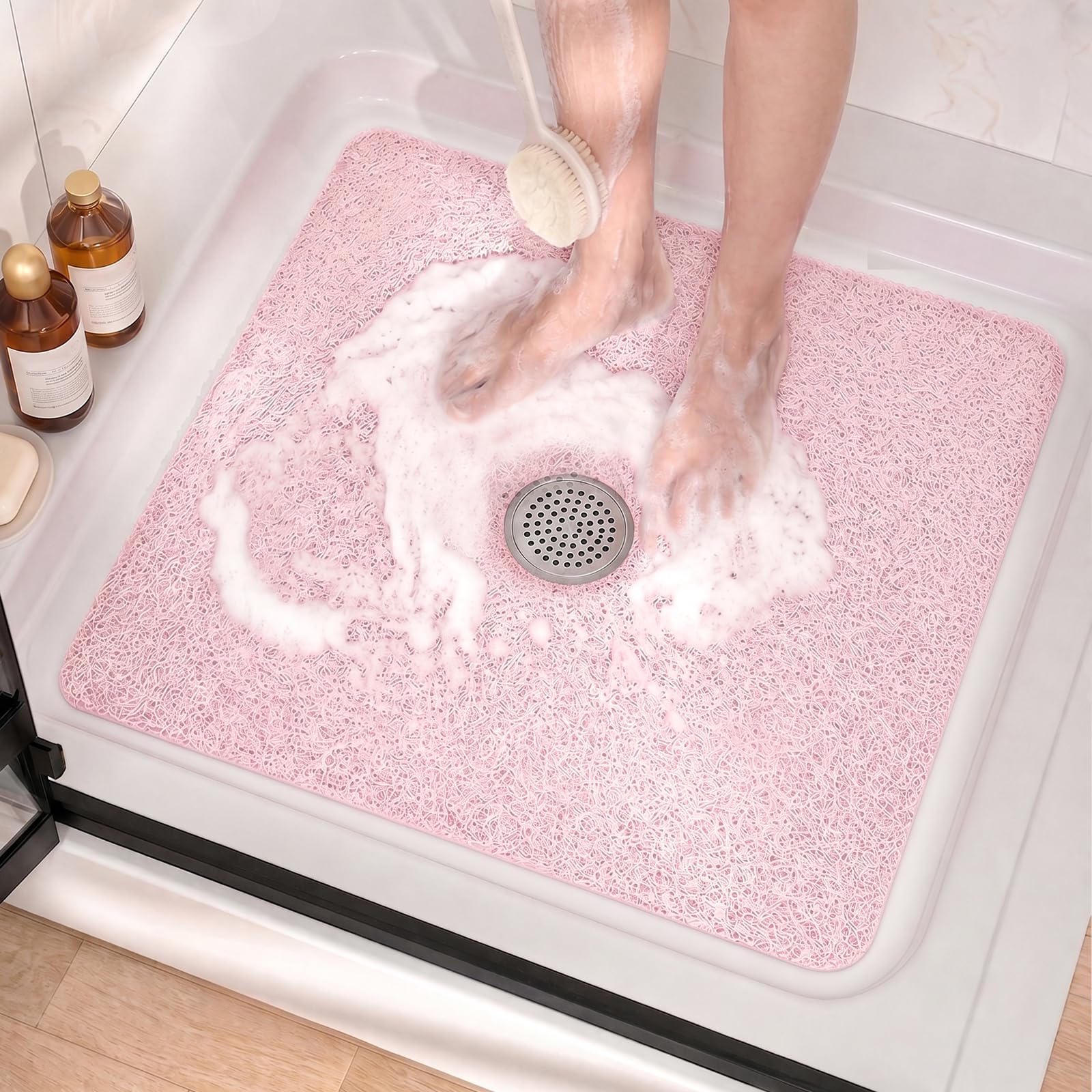 Square Shower Mat for Inside Shower, 27 x 27 Inch Quick Drying Loofah Bath Mats for Bathroom Floor, Anti Slip Mat for Shower with Center Drain Hole in Floor, Soft Textured & Elderly Safe, Pink