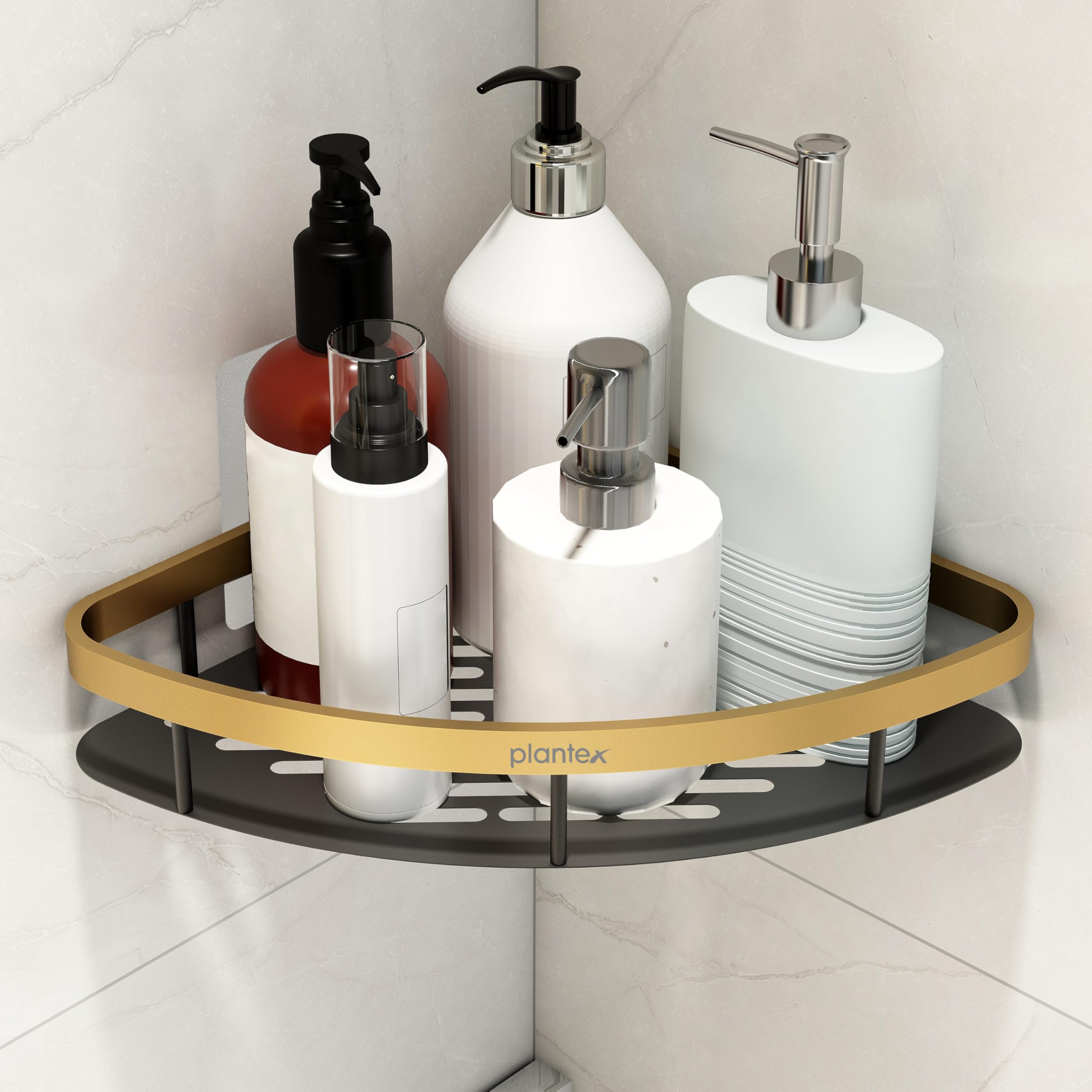 Plantex Aluminium Bathroom Corner Shelf Adhesive/Rack for Kitchen Storage with Golden Railing & Magic Stickers/Bathroom Fittings Accessories Set (9x9 inches, Gold & Black) (B0DC66L8YF) Amazon Price History, Amazon Price Tracker