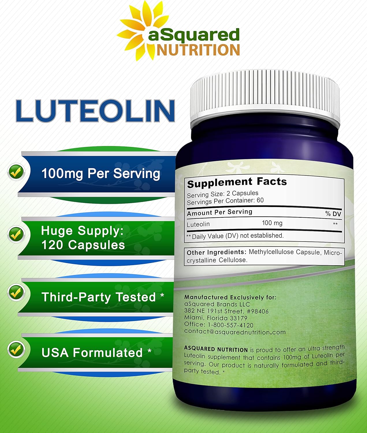 Buy aSquared Nutrition Luteolin 100mg 120 Capsules Luteolin Supplement & Powder Complex