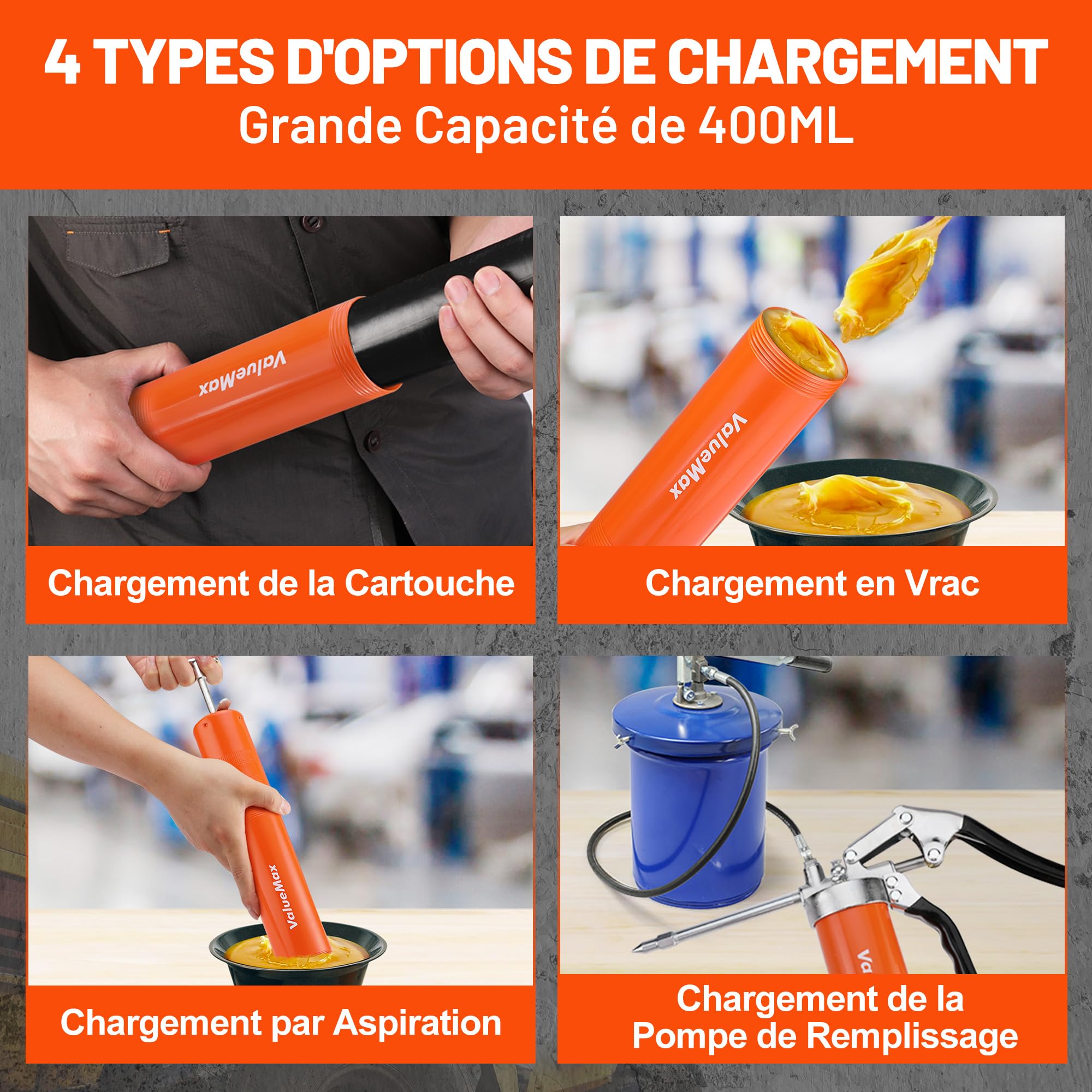 ValueMax Pistolet à Graisse 6000PSI, Pompe à Graisse Manuelle | Pistolet Graisseur pour Cartouche de Graisse 400 ml, Tuyau Flexible 24/45 cm, 2 Tubes Métalliques 11/14,5 cm et 5 Buses