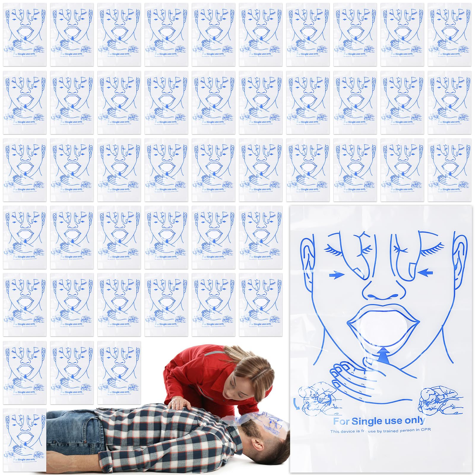 50 mascherine per la protezione del viso, CPR/respiratore per la protezione personale, protezione del viso per il primo soccorso e le emergenze, sacchetti in pellicola in PVC, protezione barriera di