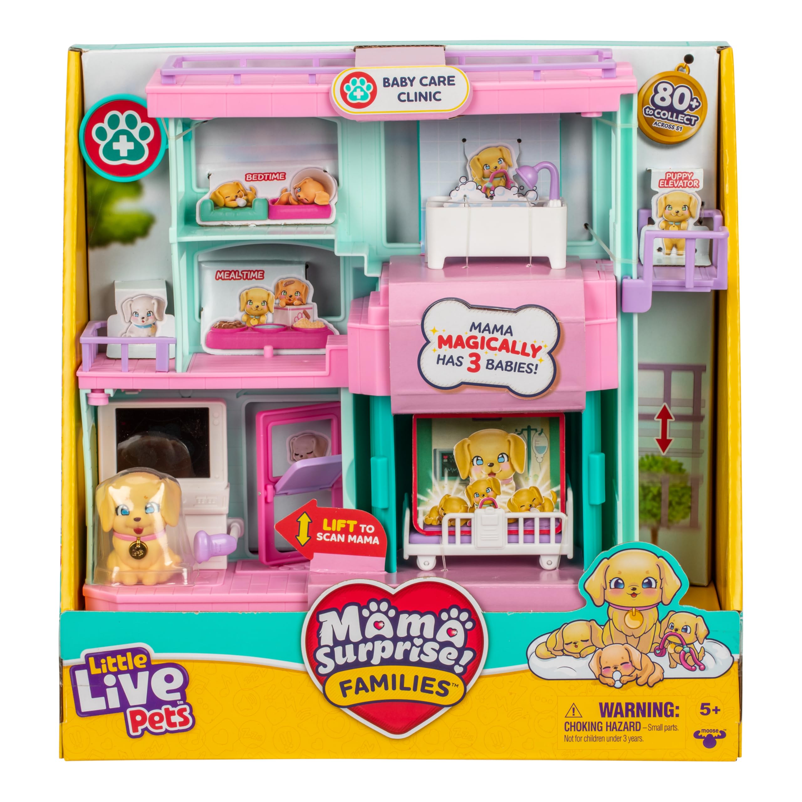 Little Live Pets Mama Surprise Families Baby Care Clinic Playset, Magically Reveal 3 Retriever Puppies