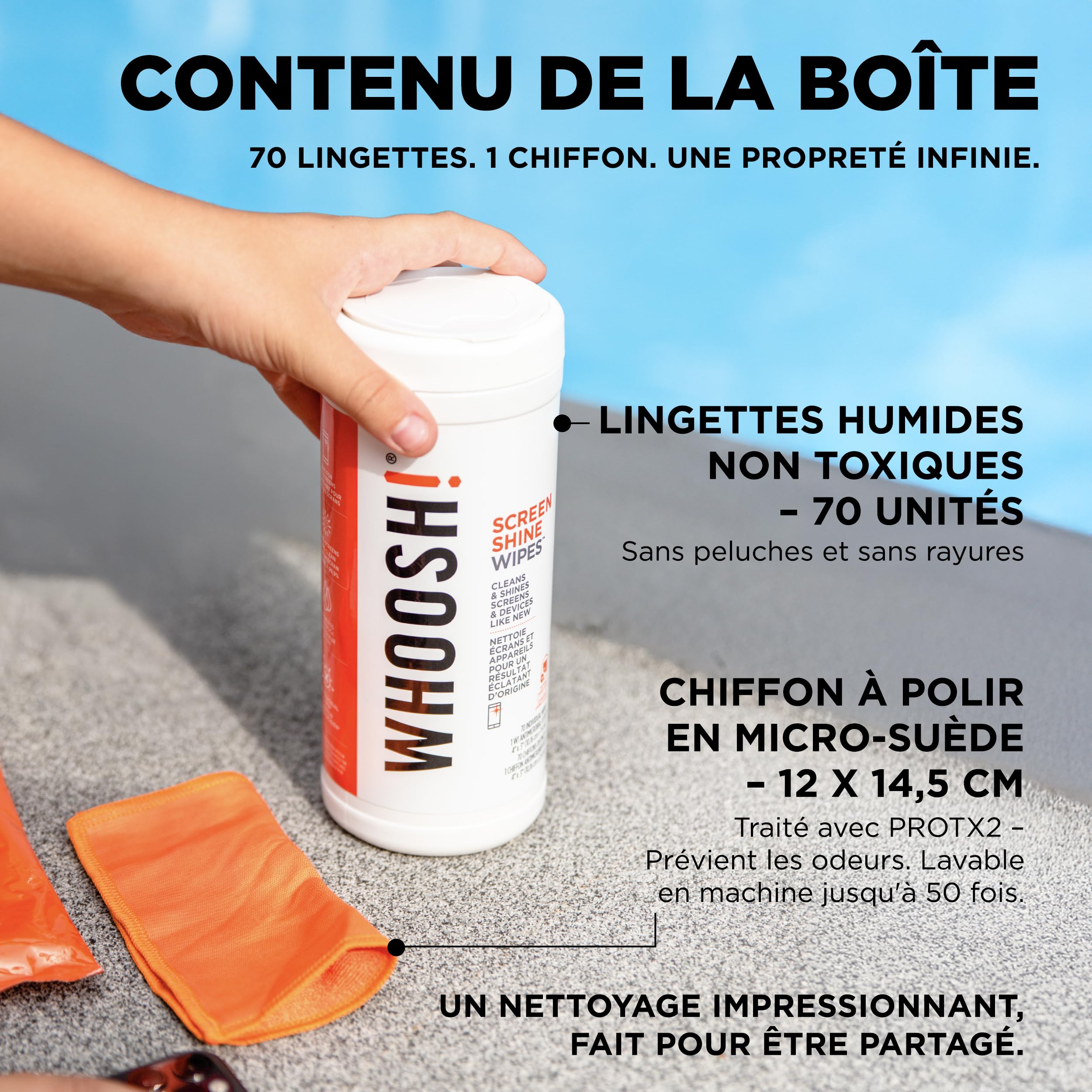 WHOOSH! Lingettes Nettoyantes Écran 70 Unités Pour Nettoyage Écran TV Lunettes Voiture Ordinateur Portable Avec Chiffon Microsuede Sans Peluches Non Abrasif Finition Sans Traces Nettoyant Écran