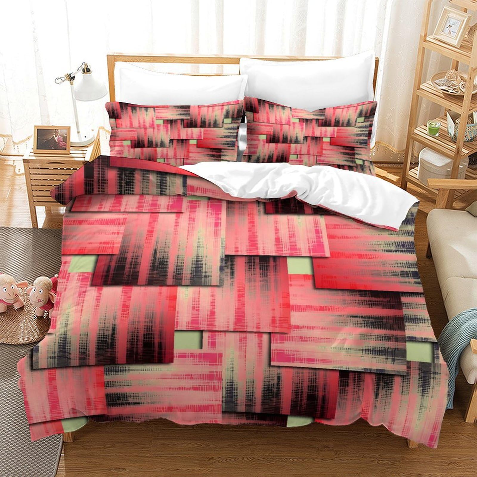 GDEKCIEAS Blurred Red Square Teens Bedding Set,3 Pieces Duvet Cover And Comforter Cover,Breathable And Soft Quilt Cover for Boys And Girls Single（140x200cm）