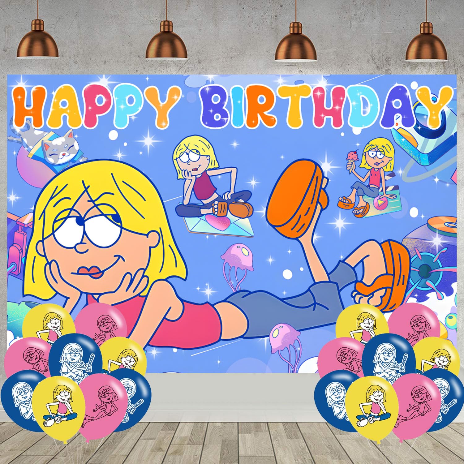 Photo 1 of ***MISSING PARTS***
Lizzie McGuire Birthday Backdrop for Party, Cartoon Girls Happy Birthday Banner Balloons Shoot Photo Backgrounds Props for Fans Adults Photography Backdrop