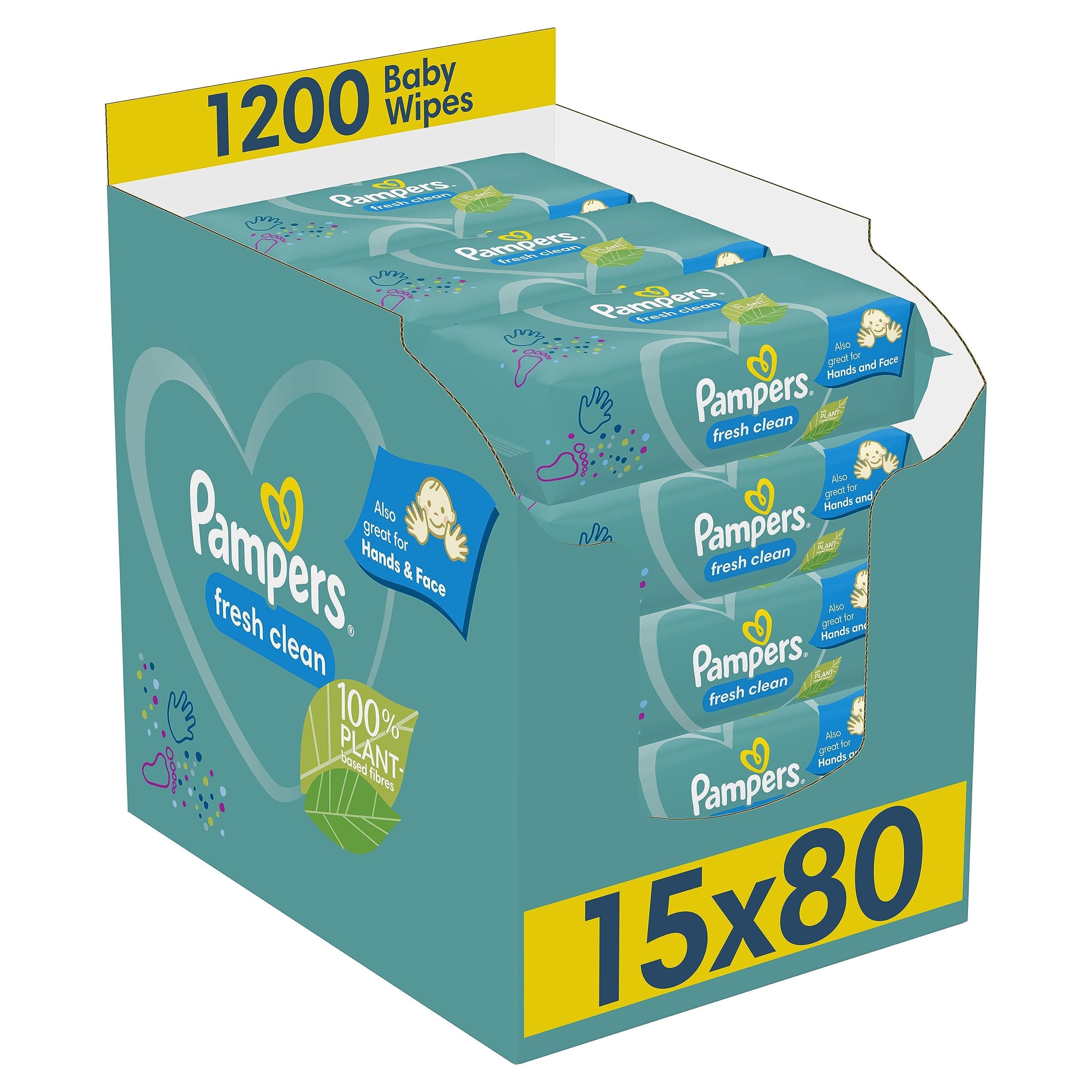 Pampers Fresh Clean Baby Wipes 15 Packs of 80 Wipes = 1200 Baby Wet Wipes, Also Great For Hands And Faces