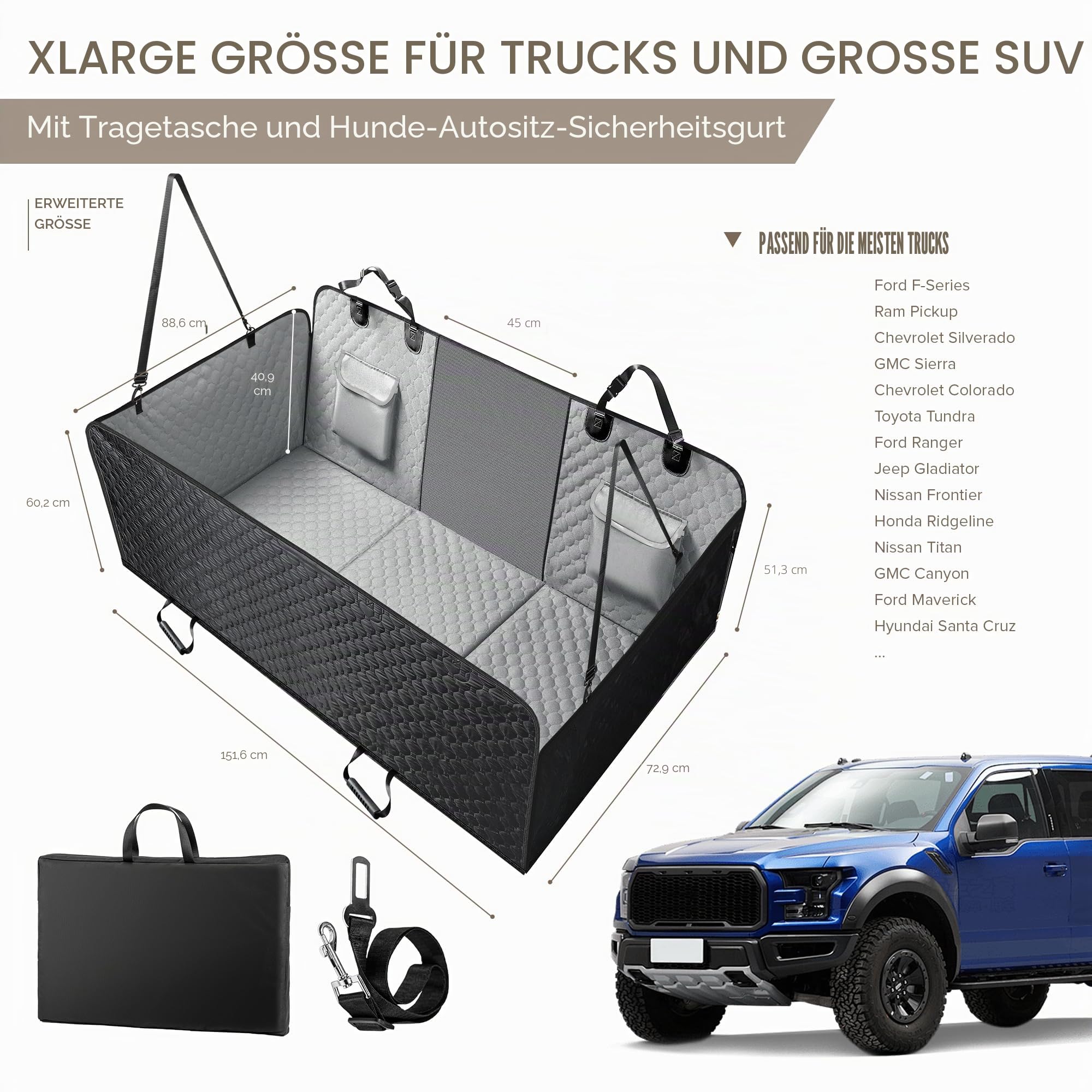 XL LKW-Rücksitzverlängerung für Hunde, große harte Unterseite, Hundeautositzbezug für Rücksitz, robuste Hunde-Auto-Hängematte, wasserdichte Haustier-Sitzbezüge für LKWs, F150, Ram1500 und große SUV
