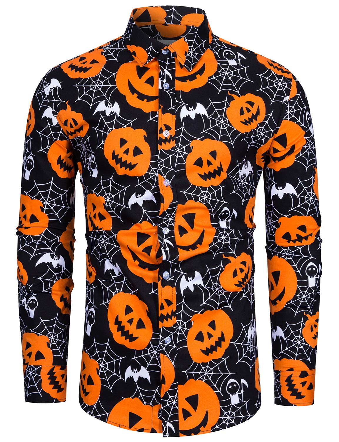 Fohemr Men's 05Black Halloween Shirts Ugly Pumpkin Bat Print Long Sleeve Button Down Casual Jack-O-Lantern Costume Dress Shirt Ghost Theme Party Black X-Large