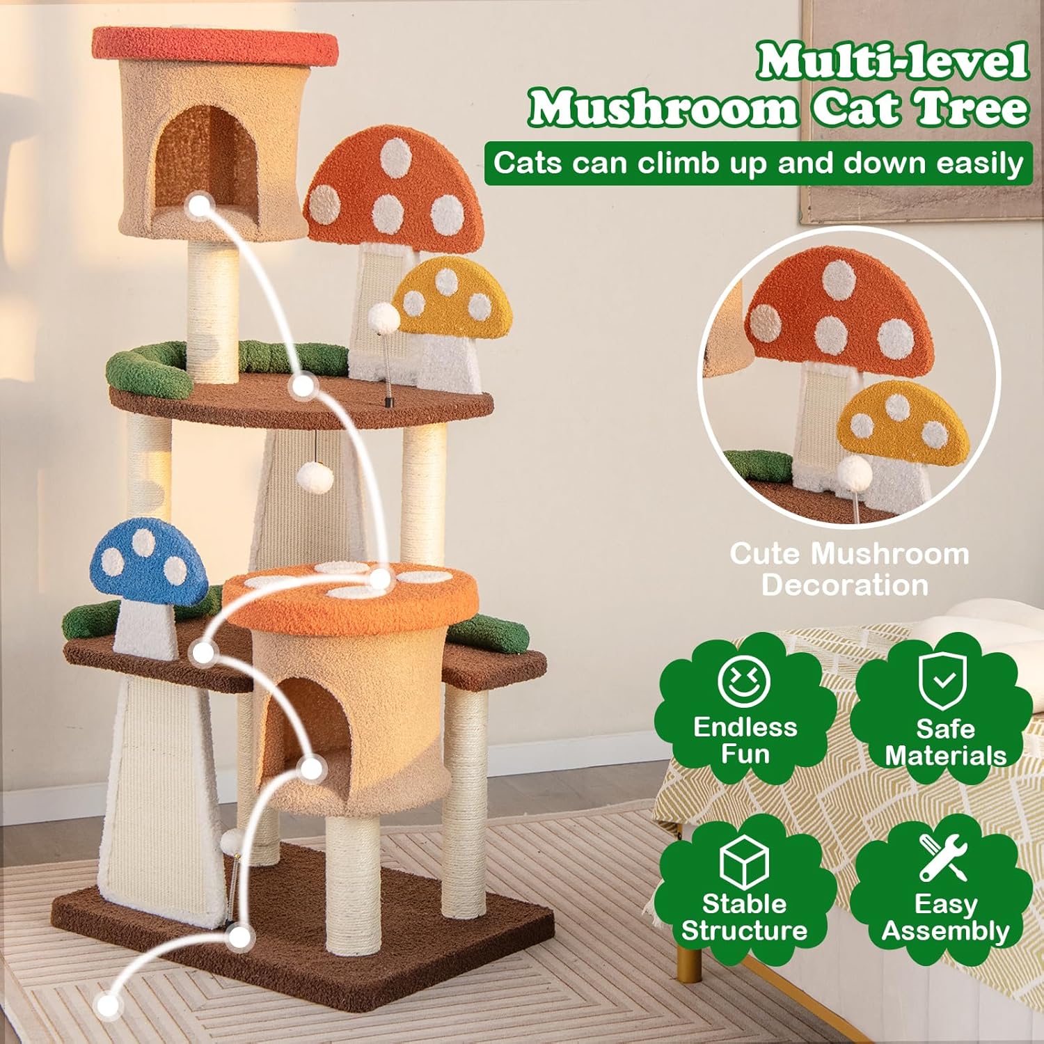 review PETSITE Mushroom Cat Tree, 57.5 Inches Tall Multi-Level Cat Tower with Natural Sisal Scratching Posts & Boards, Cat Condo and Teasing Spring Ball, Cute Cat Tree Tower for Indoor Cats Large Adult