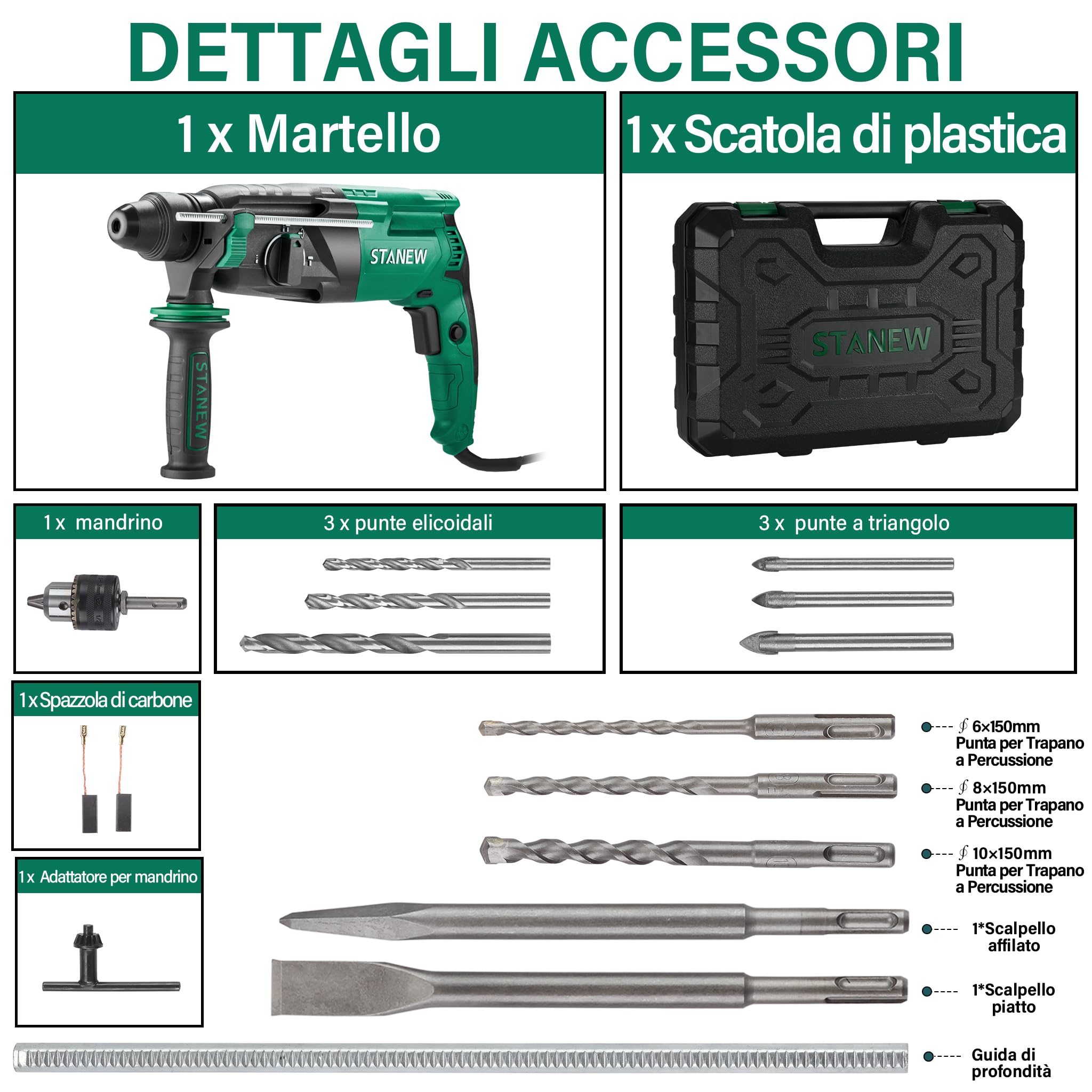 STANEW Martello Perforatore SDS Plus 950W, Martillo ligero 0-1150giri/min/5100BPM,4 funzioni e frizione di sicurezza, impugnatura girevole a 360°, velocità variabile, Calcestruzzo Acciaio, Legno (1)