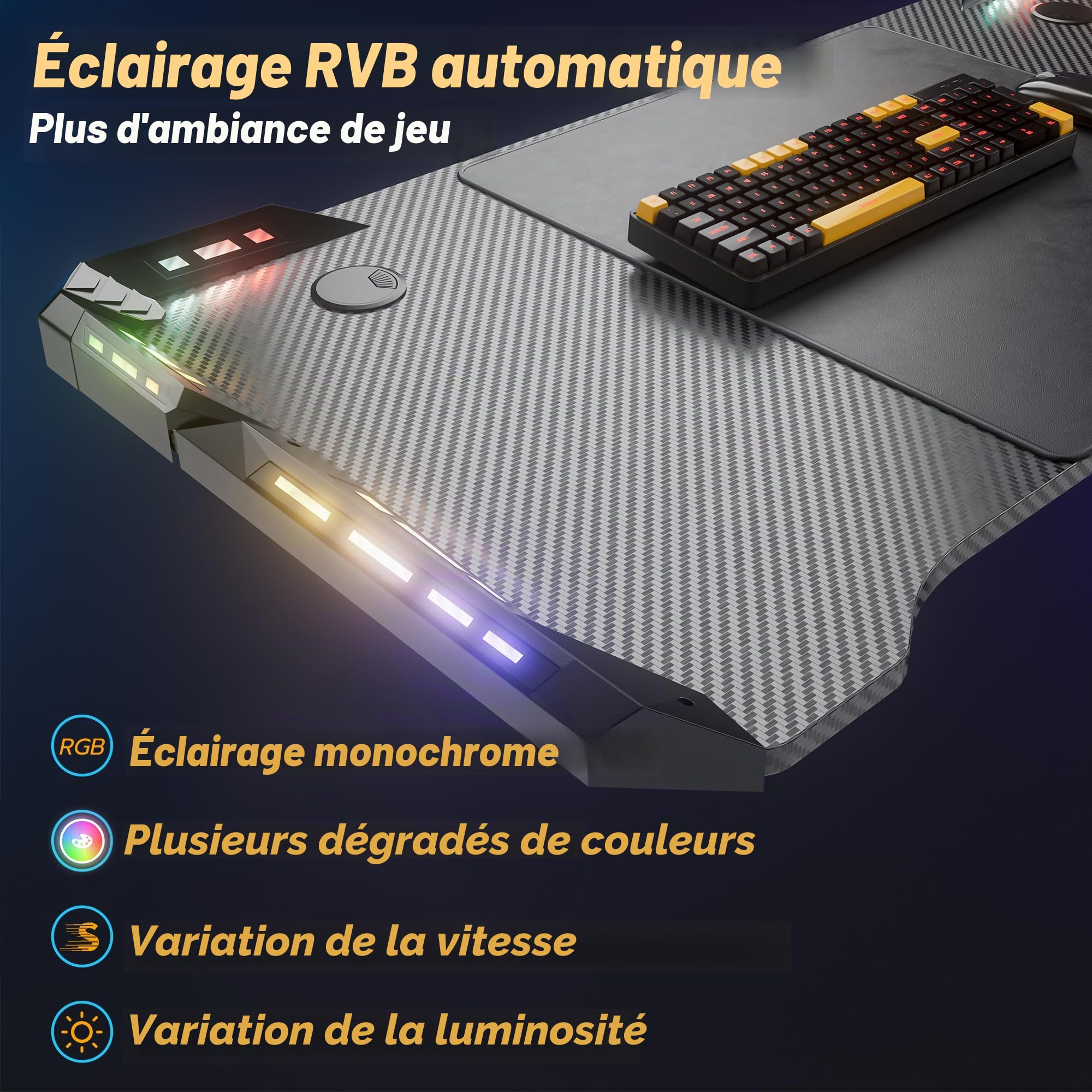 LZQ Bureau Gaming, LED, 140 x 60 cm, Table Gaming avec Porte-gobelet et Crochet pour Casque, Cadre en M, Ergonomique, avec Surface en Fibre de Carbone, pour Chambre à Coucher, étude, Noir