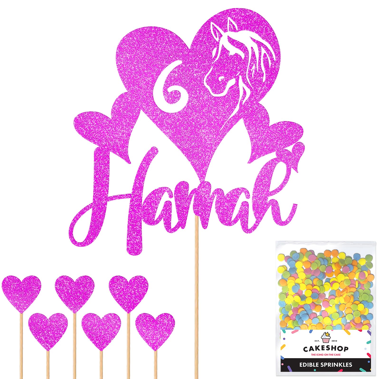 Personalised Horse Pony Love Heart Glitter Cake Topper - Pink Custom Age & Name Glitter Cake Decoration and Sprinkles - Happy Birthday Decorations - Personalised Toppers for Cakes by Cakeshop