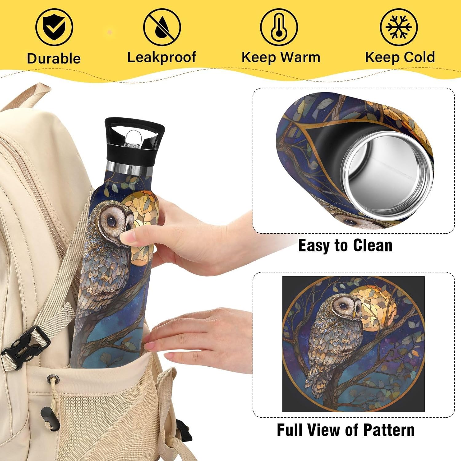 Vintage Owl Moon Stained Glass Insulated Water Bottle with Straw Lid,Vacuum Stainless Steel Mug Leakproof Tumbler Water Bottle for Sports Travel School,20oz