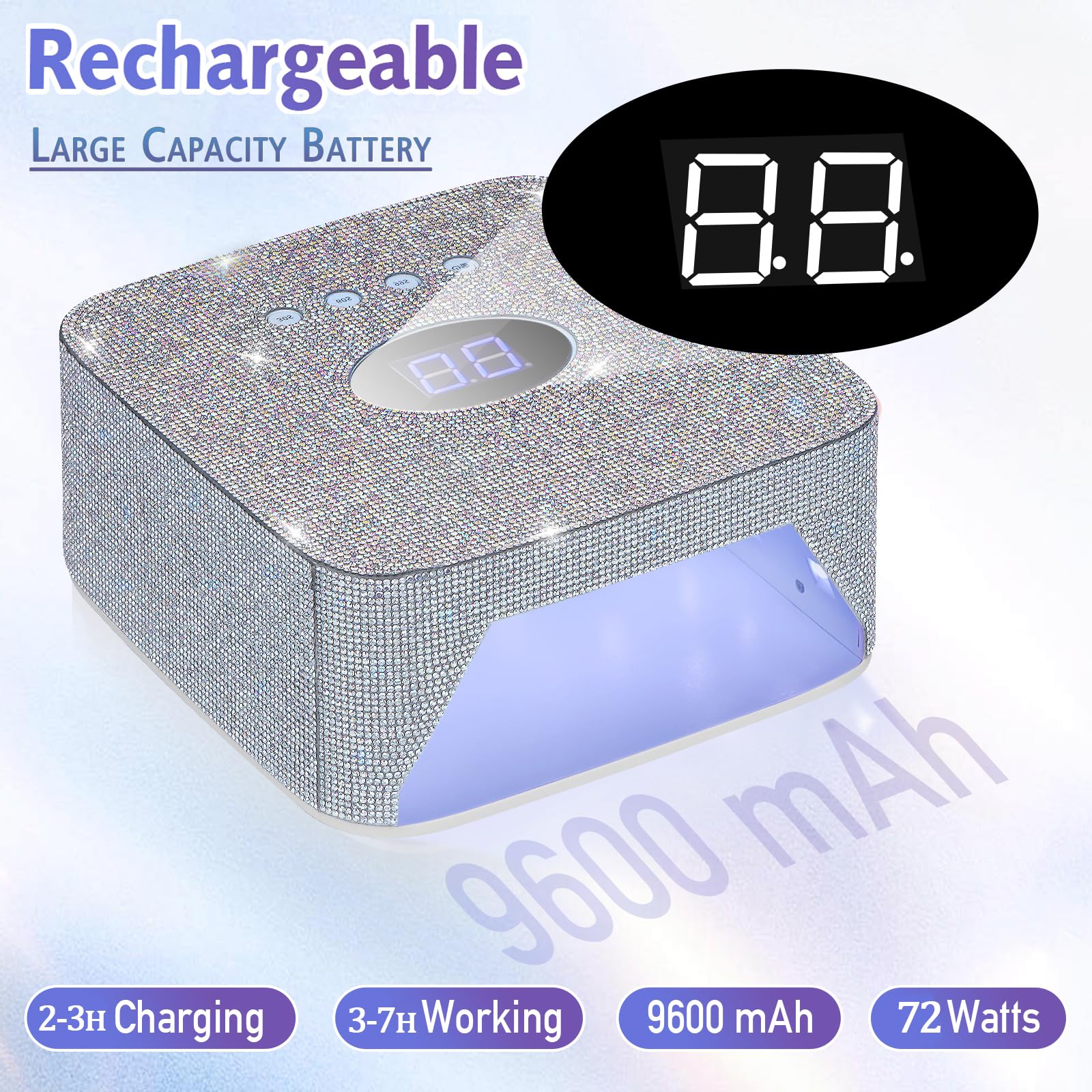 AZ GOGO Lámpara de uñas profesional recargable, 72W Lámpara UV/LED para uñas, secadora de uñas para gel, 3 temporizadores (30/60/99s) con strass, ideal para manicura en casa o salón