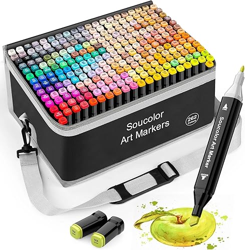 Soucolor Marcadores de alcohol de 262 colores con estuche y soportes, cincel de doble punta y marcadores de arte fino para adultos, colorear