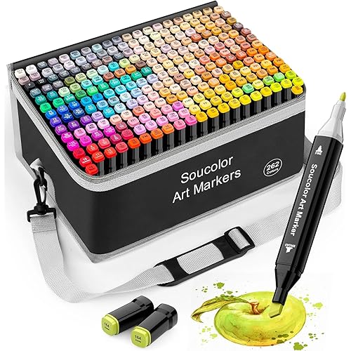 Soucolor Alcohol Markers 262 Colors with Case & Holders, Dual Tips Chisel & Fine Art Markers for Adult Coloring Kids Drawing, Artist Markers Art Supplies for Blending Sketching