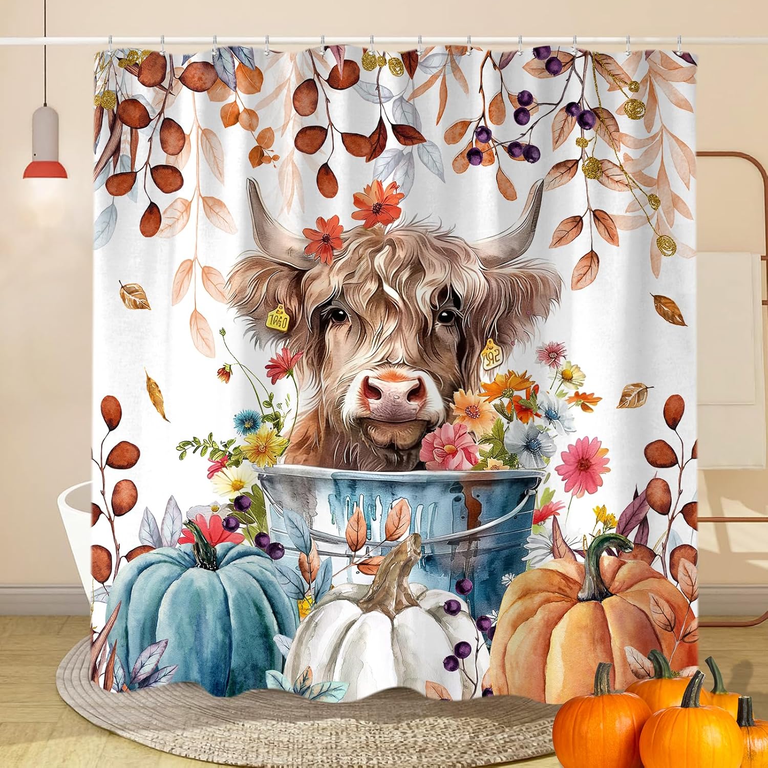 Sanzugh Fall Pumpkin Highland Cow Extra Long Shower Curtain, Cute Autumn Fall Farmhouse Animal Floral Leaves Thanksgiving Fabric Shower Curtains Set for Bathroom Decorative 72X84 inch Bath Decor