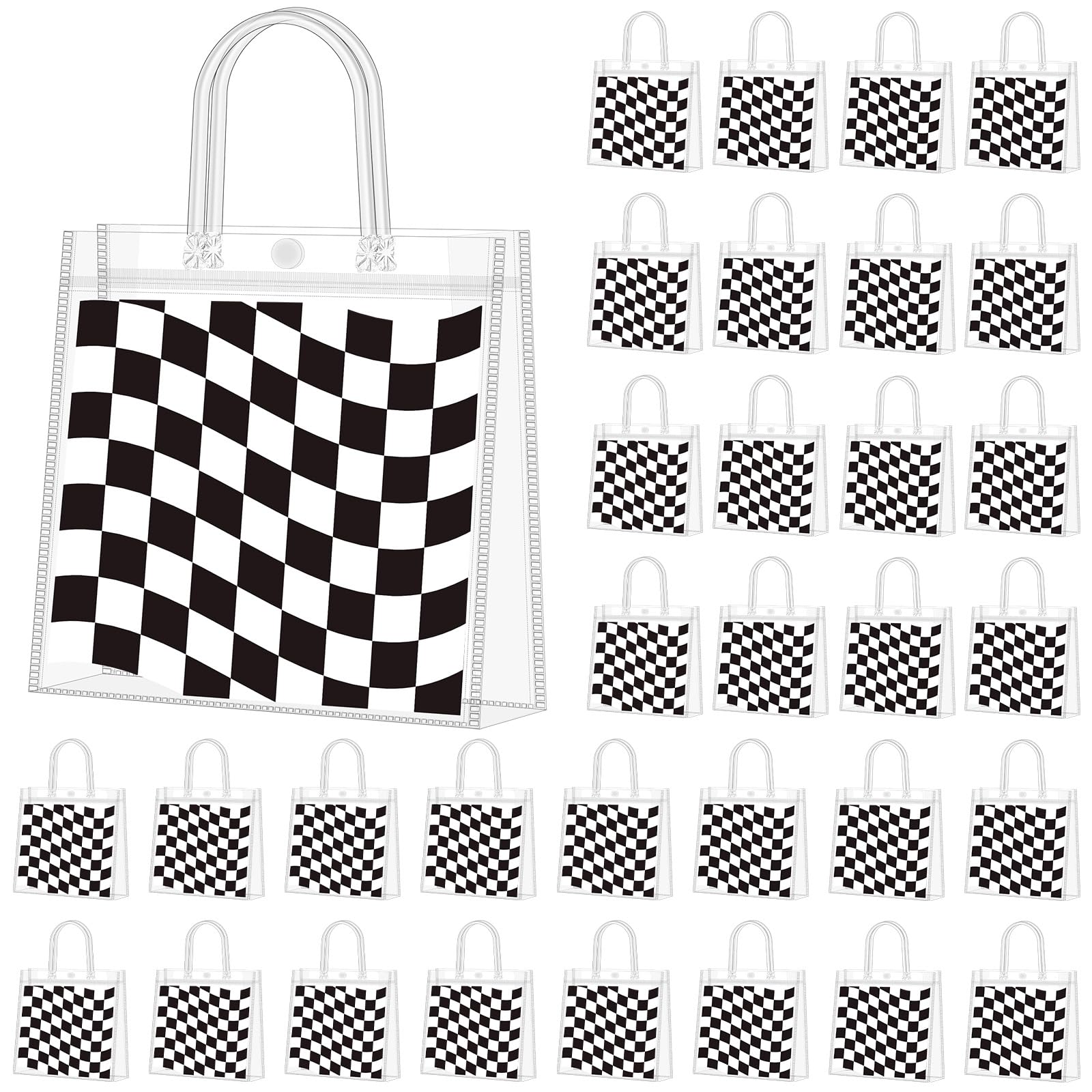 Supervitae 36 Pcs Checkered Racing Clear Favor Bags with Handle Reusable Plastic PVC Gift Bag Race Car Goodies Treats Wrap Totes for Birthday Wedding