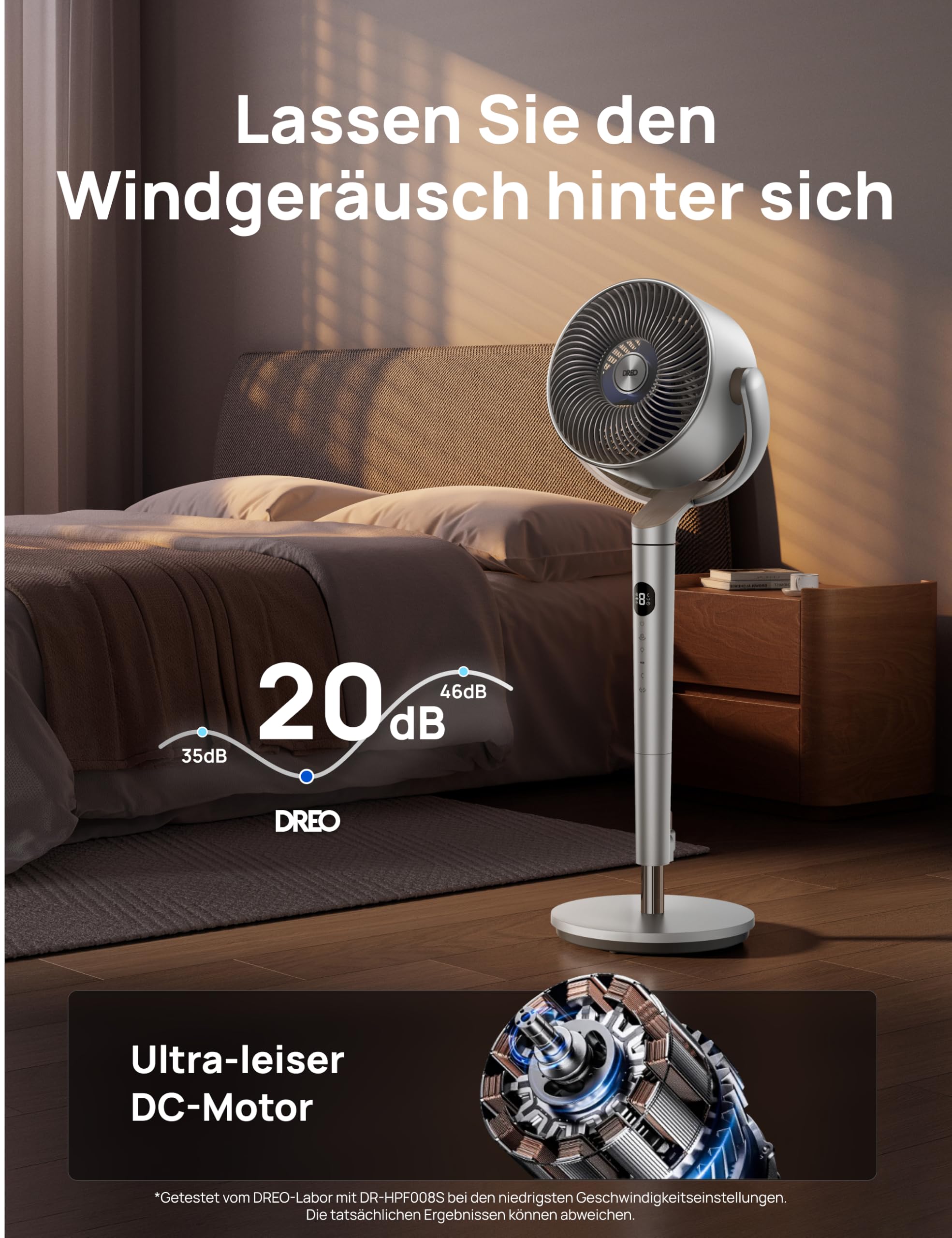 DREO Smart Standventilator mit RGB-Licht, 120°+120° Oszillation, Leiser 20 dB Bodenventilator mit Fernbedienung, 8H Timer, für Schlafzimmer, Silber