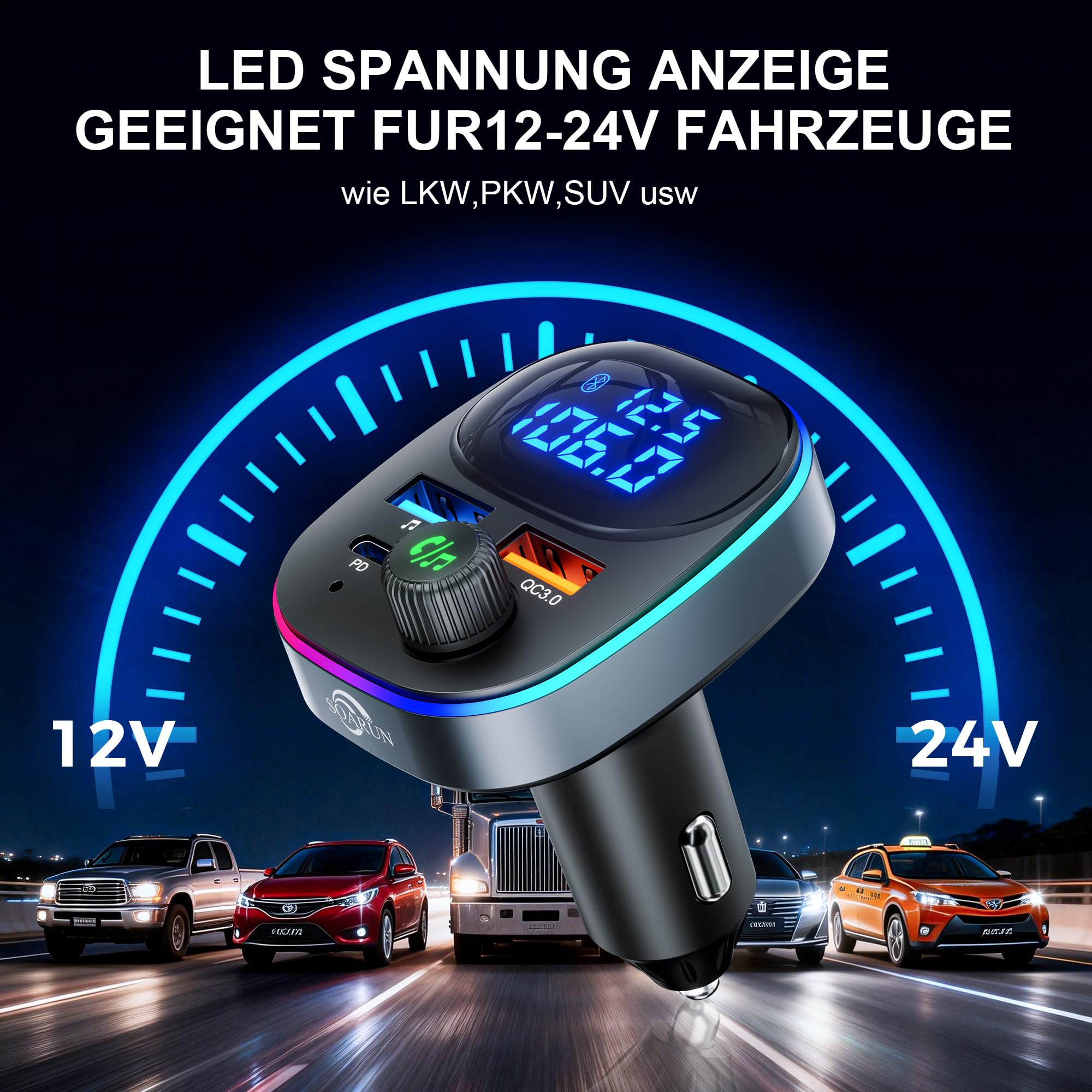 Bluetooth 5.3 FM Transmitter,38W KFZ Musik Adapter für Auto Radio,PD&QC3.0 Schnellladung mit Spannung Anzeige Freisprecheinrichtung,7-farbige LED-Hintergrundbeleuchtung USB-Stick