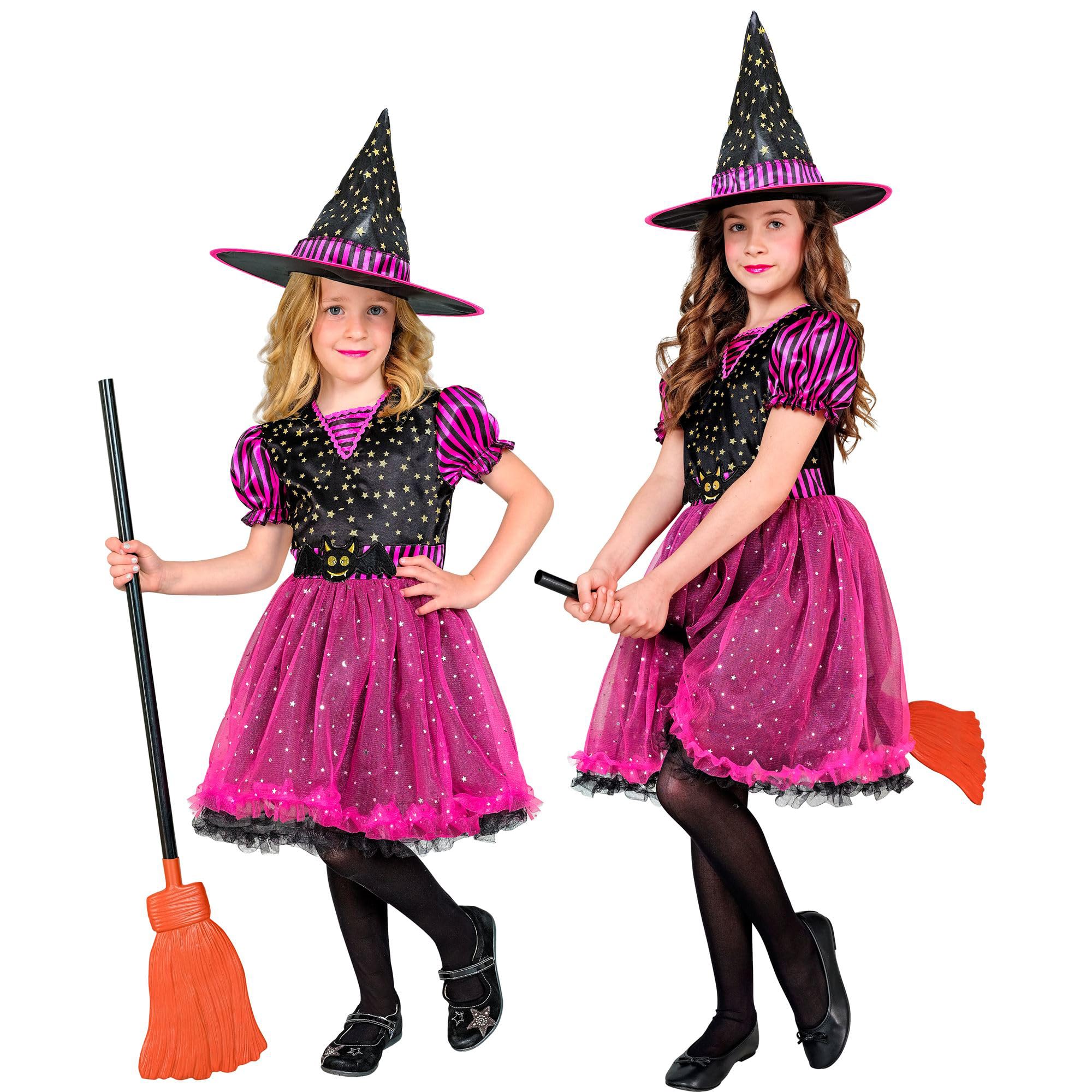 W WIDMANN MILANO Party Fashion Witch Costume | Pink Star Witch Pan | Girl's Size 122-128 | Halloween Dress Up