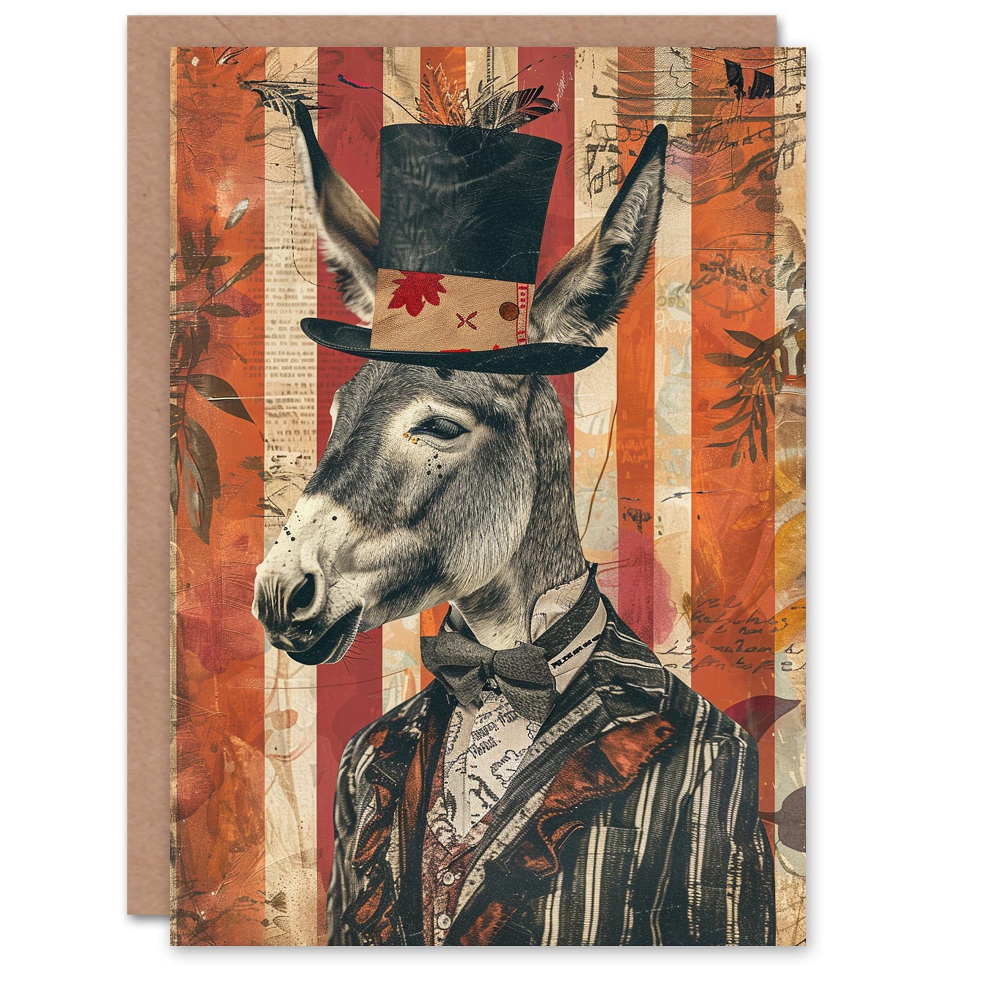 Artery8 Donkey With Top Hat Bowtie Suit Collage Art Blank For Him Or Her Art Birthday Card