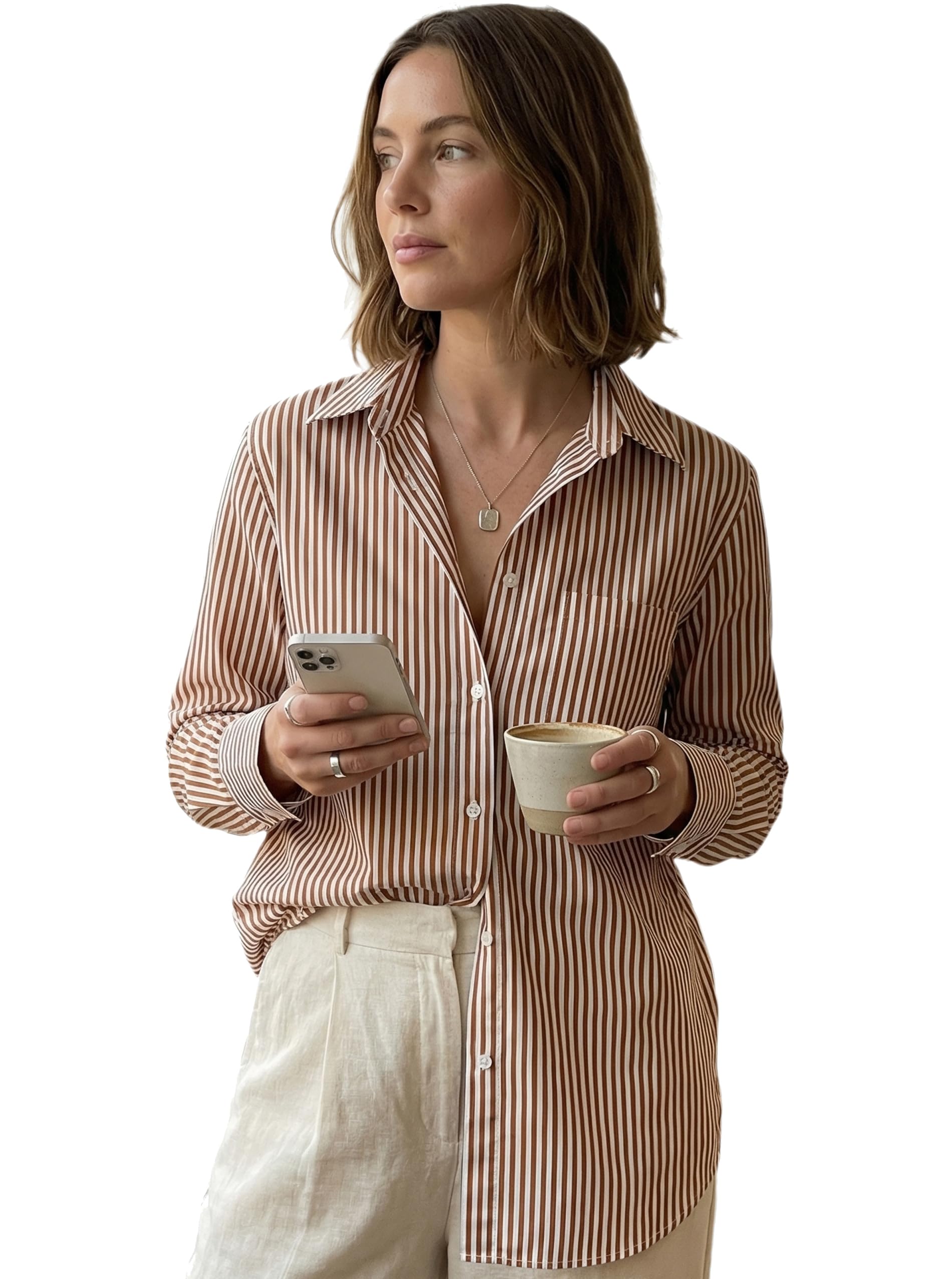 Beninos Striped Button Down Shirts for Women Dress Shirts Long Sleeve Casual Collared Office Work Shirt with Pocket