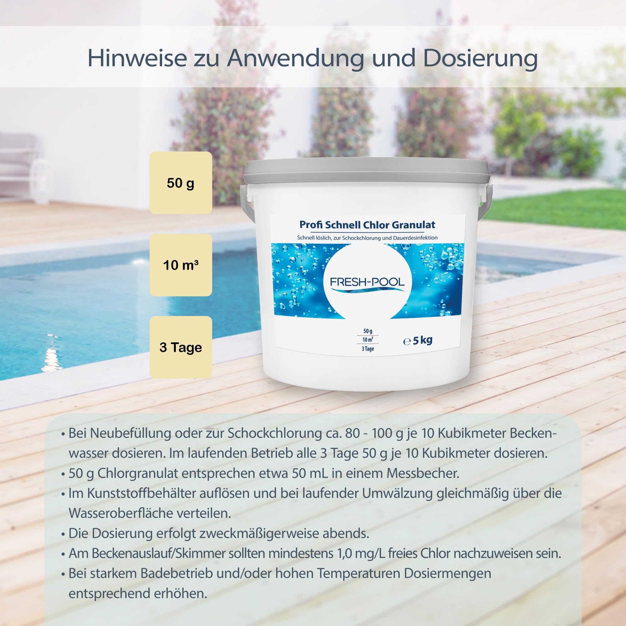 Fresh-Pool Profi Schnell Chlor Granulat, 56% Aktivchlor, 5 kg incl. Dosierbecher - Pool Chlor Granulat | Clorgranulatpool 5kg | Chlorgranulat für Pool | Chlor Pool | Clorgranulatpool