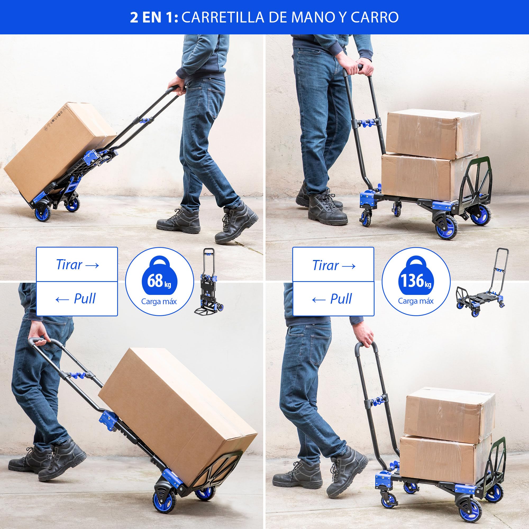 HOSTRÖM 2 en 1, Carro con Ruedas y Carretilla Plegable, Carro Plegable máx. 136 kg, Carretilla de mudanza máx. 68 kg, Ruedas giratorias de 360°, garantía de 5 años.