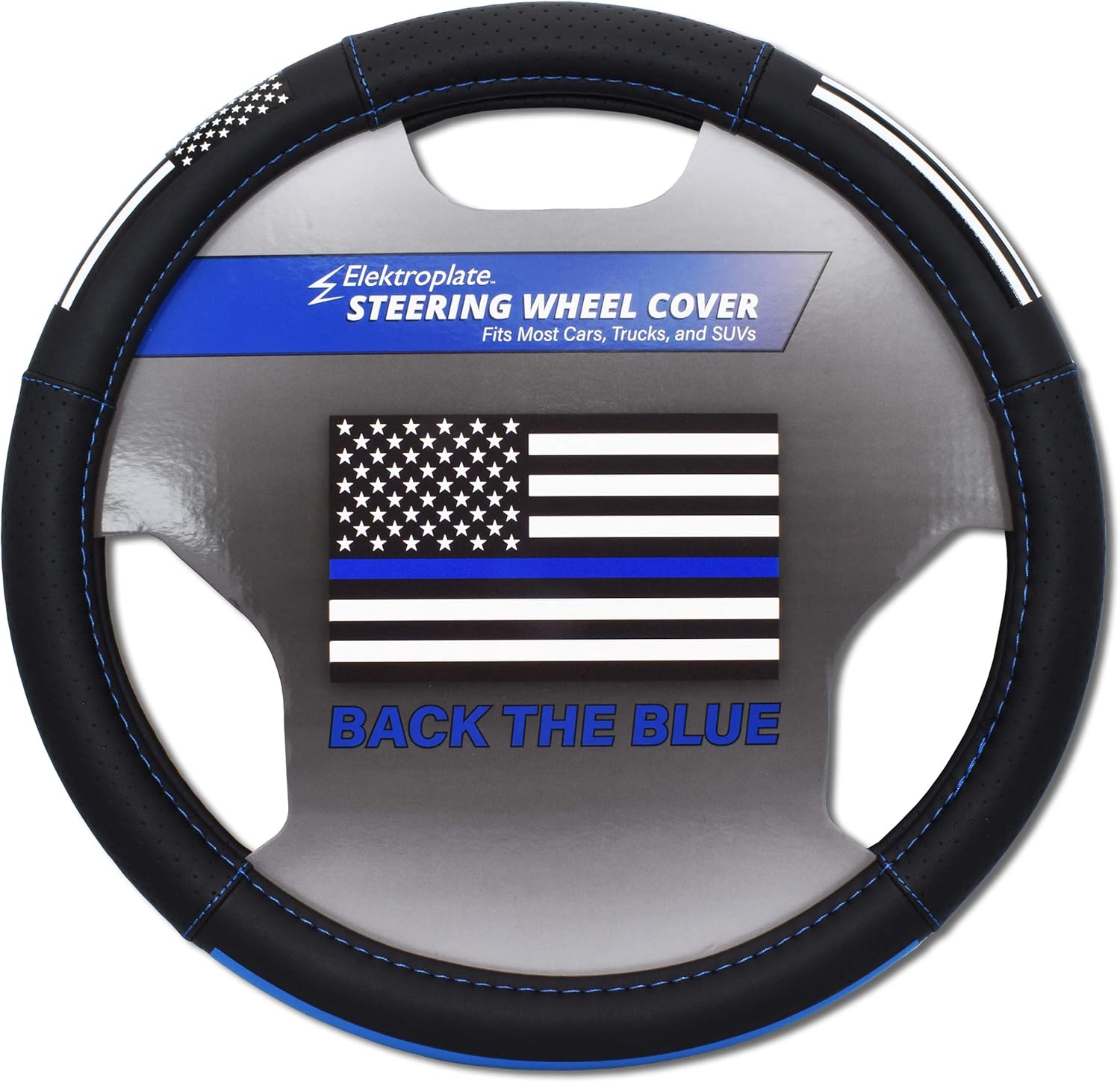Elektroplate Police Thin Blue Line USA Flag Premium Steering Wheel Cover - Medium Size - Fits Mid-Size SUVs and Trucks with Diameter 14.7” to 15.4”