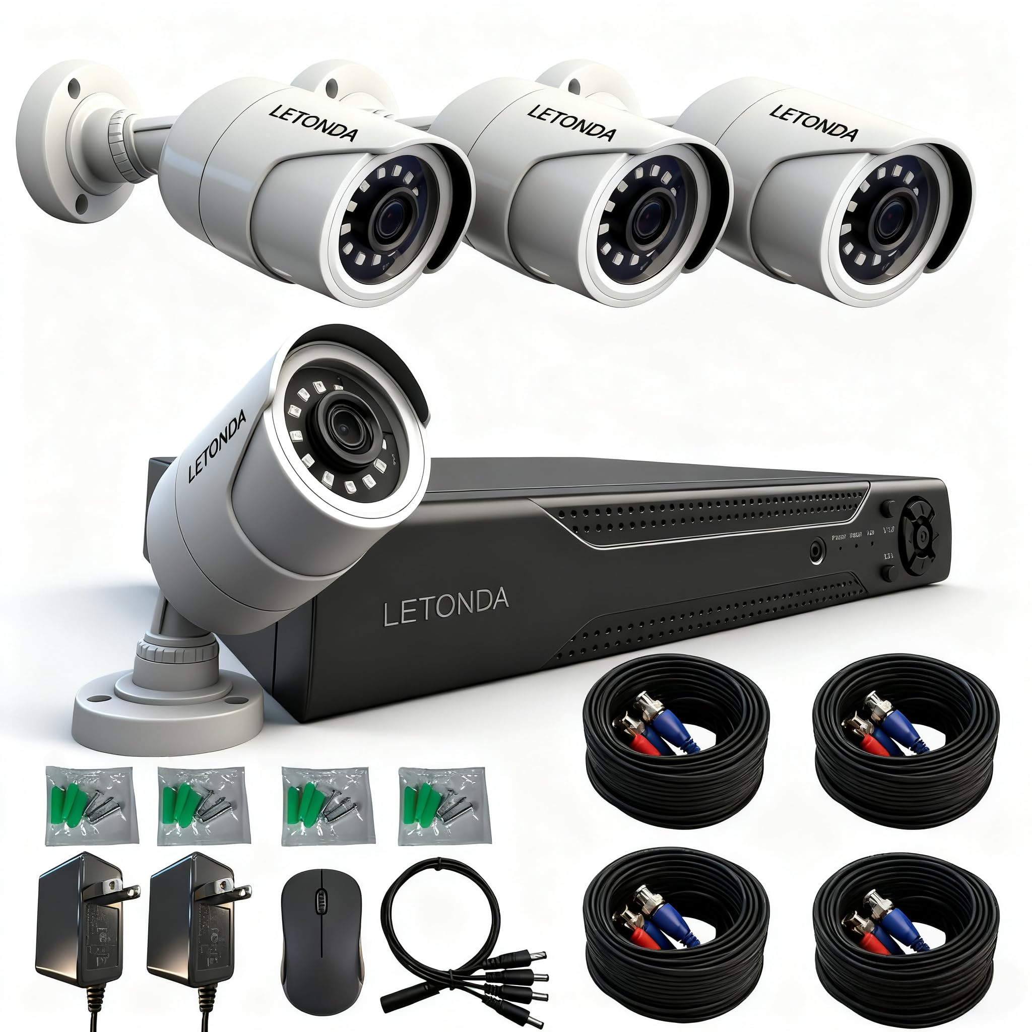 LETONDA 4CH 1080p Security Camera 1PK DVR 4PK CCTV Bullet Wired Cam Supports AHD/TVI/CVI/CVBS IR - Cut Filter Switch Indoor/Outdoor Analog Surveillance Video Add - on Camera, No Hard Drive