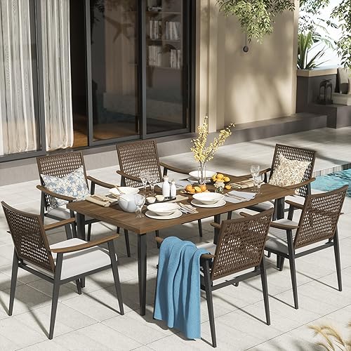 NATURAL EXPRESSIONS 7 Piece Patio Dining Set for 6 Outdoor Furniture Set, Rattan Wicker Chairs with Cushions and 65” Large Dining Table with 1.65'' Umbrella Hole for Patio, Garden, Porch, Pool, Beige
