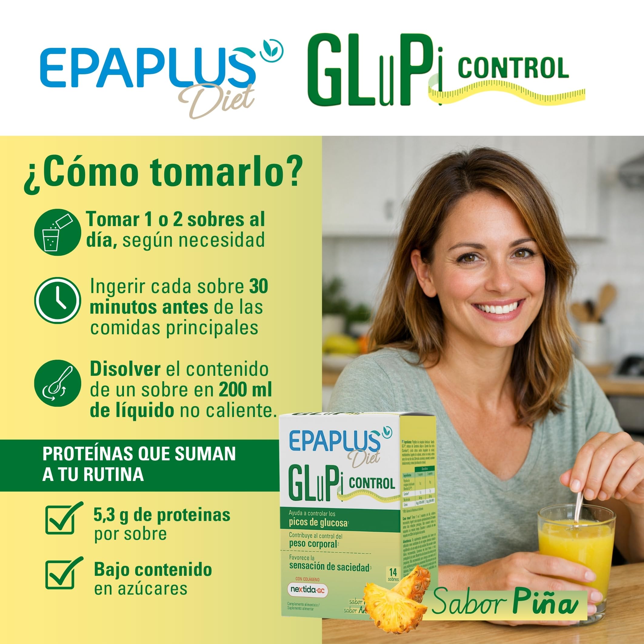 EPAPLUS GluPi Control | Complemento Alimenticio para el Control de Picos de Glucosa | Favorece la Sensación de Saciedad y Apoya el Peso Corporal | Con Cromo y Extractos Vegetales | 14 Sobres