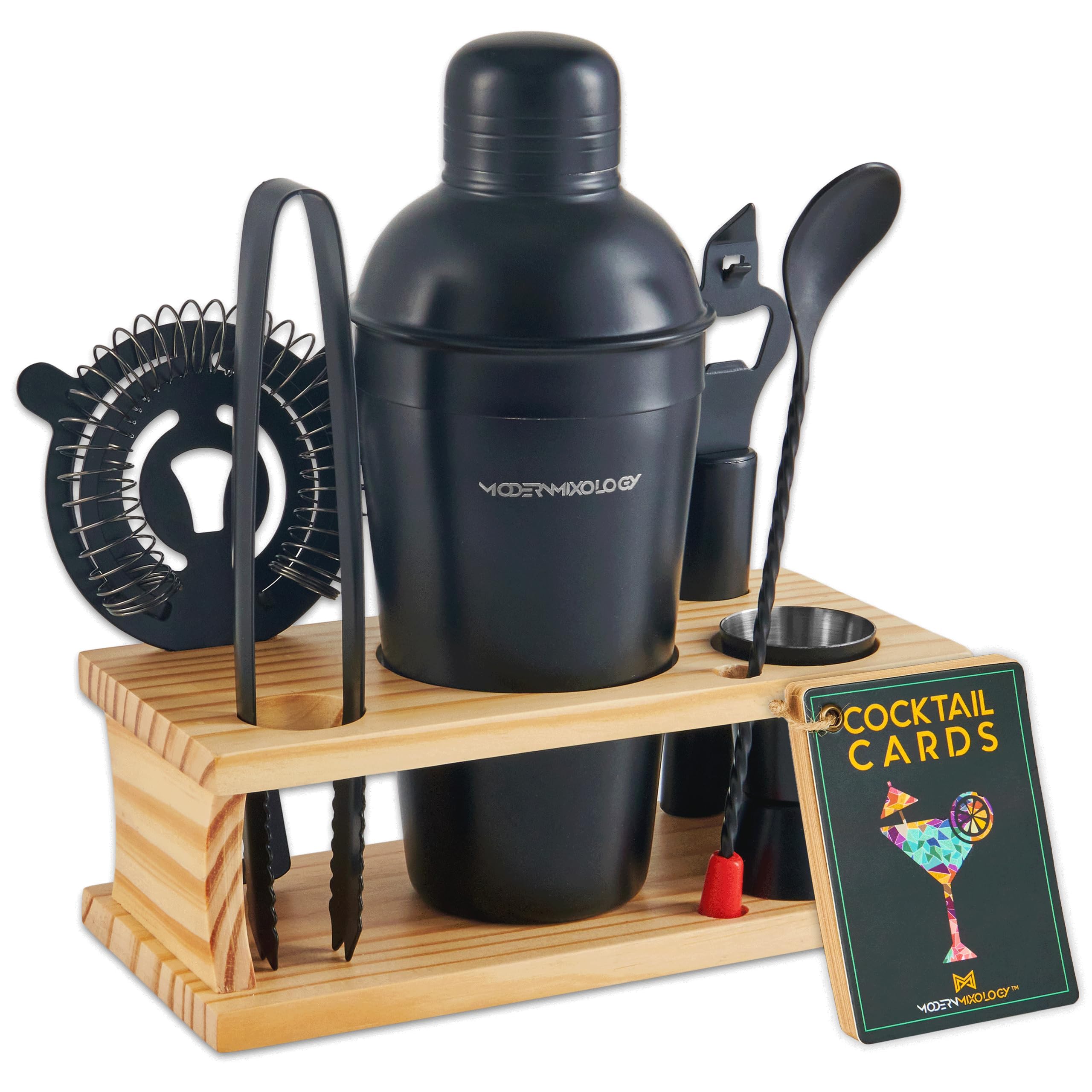 Modern Mixology Bartender Kit - 8-Piece Black Matte Cocktail Shaker Set with Pine Wood Stand, Recipe Cards, and Bar Accessories Ideas