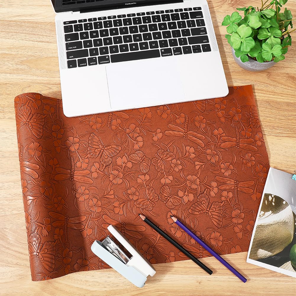 CALFOVERA 1.37×0.3M Synthetic Material Leatherette Roll Brown Embossed PU Leather Sheets Textured Vintage Floral Pattern PU Leather Fabric for DIY Earrings Upholstery Sewing Crafts Making - Image 3