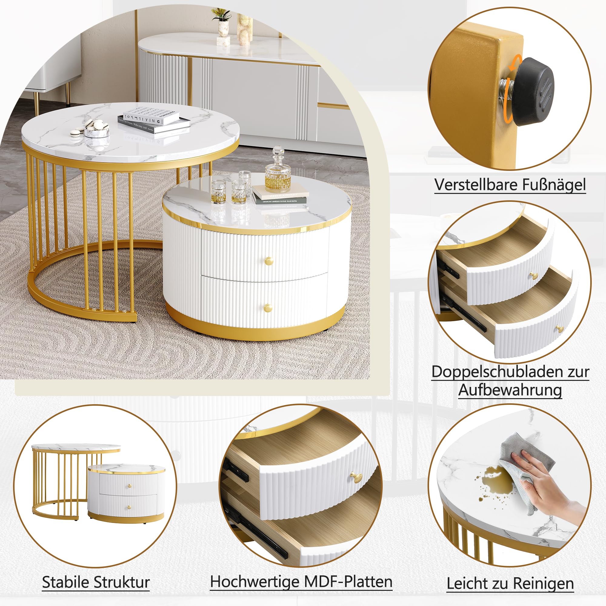 BTM Elegantes 2-teiliges, weißes Couchtisch-Set in Nestform, 60*60*45.5cm & 50*50*32cm, runde Tische mit hochglänzender Marmoroptik, 2 Schubladen, bis 30kg belastbar,Nesting-Kombination Couchtisch
