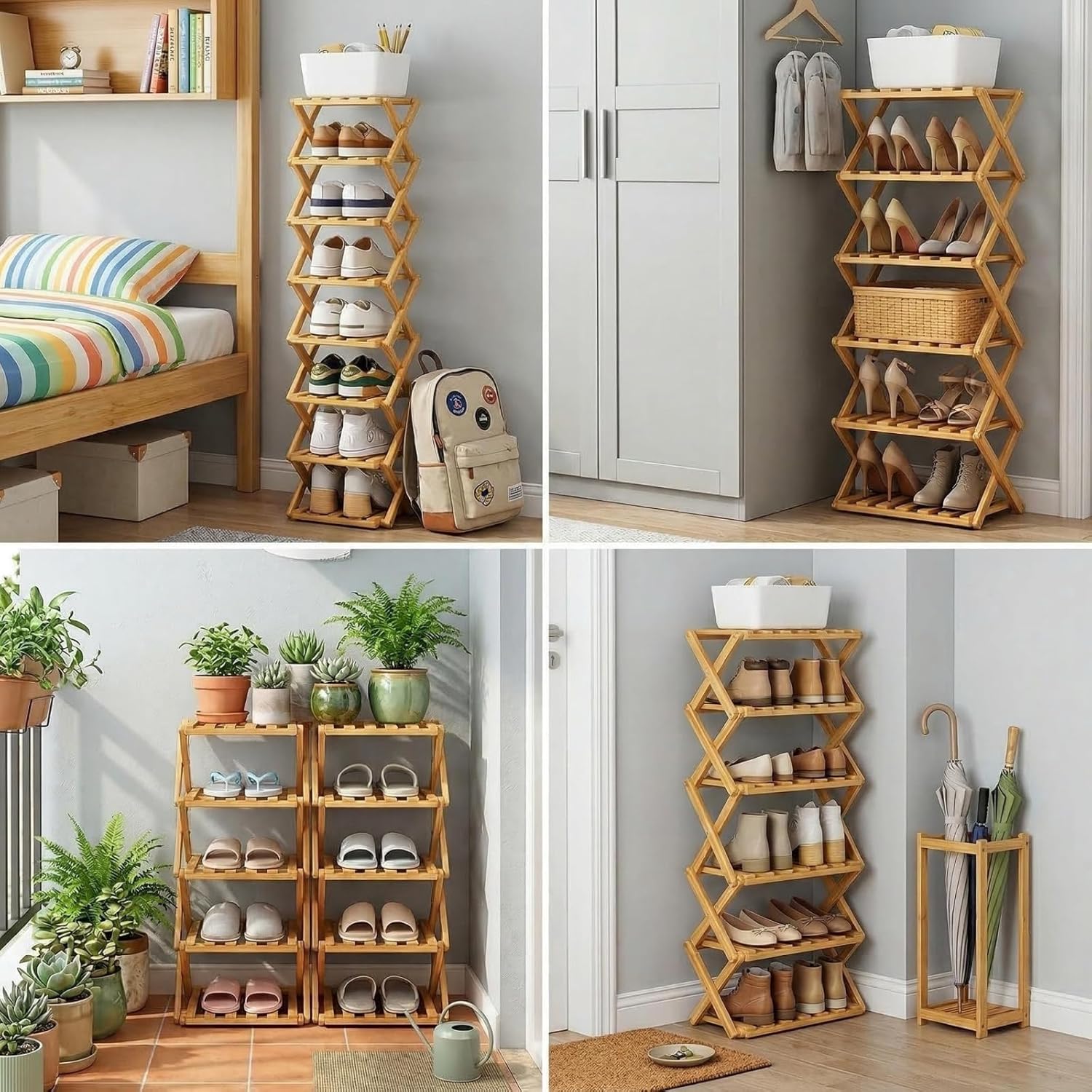The 9-Tier No-Assembly Bamboo Rack,No Need to Assemble, Fast Folding Saves Space,Bamboo Shoe Storage Rack, Suitable for Entrance Corner Dormitories (Natural Wood Color, 4)