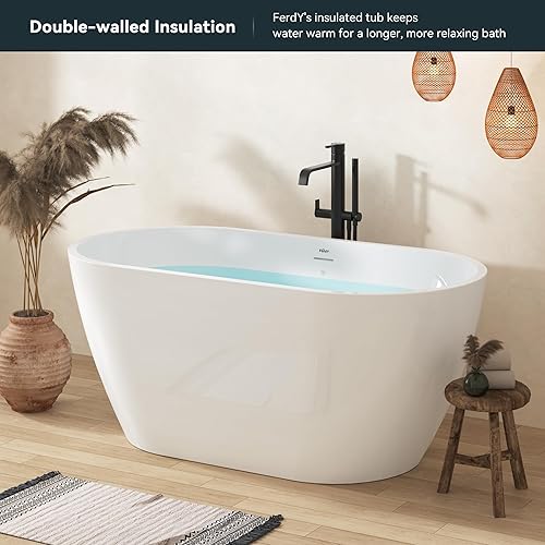 Miniatura 2 de FerdY Bali - Bañera independiente de 55 pulgadas, color blanco brillante con drenaje de níquel cepillado y desbordamiento ranurado integrado,