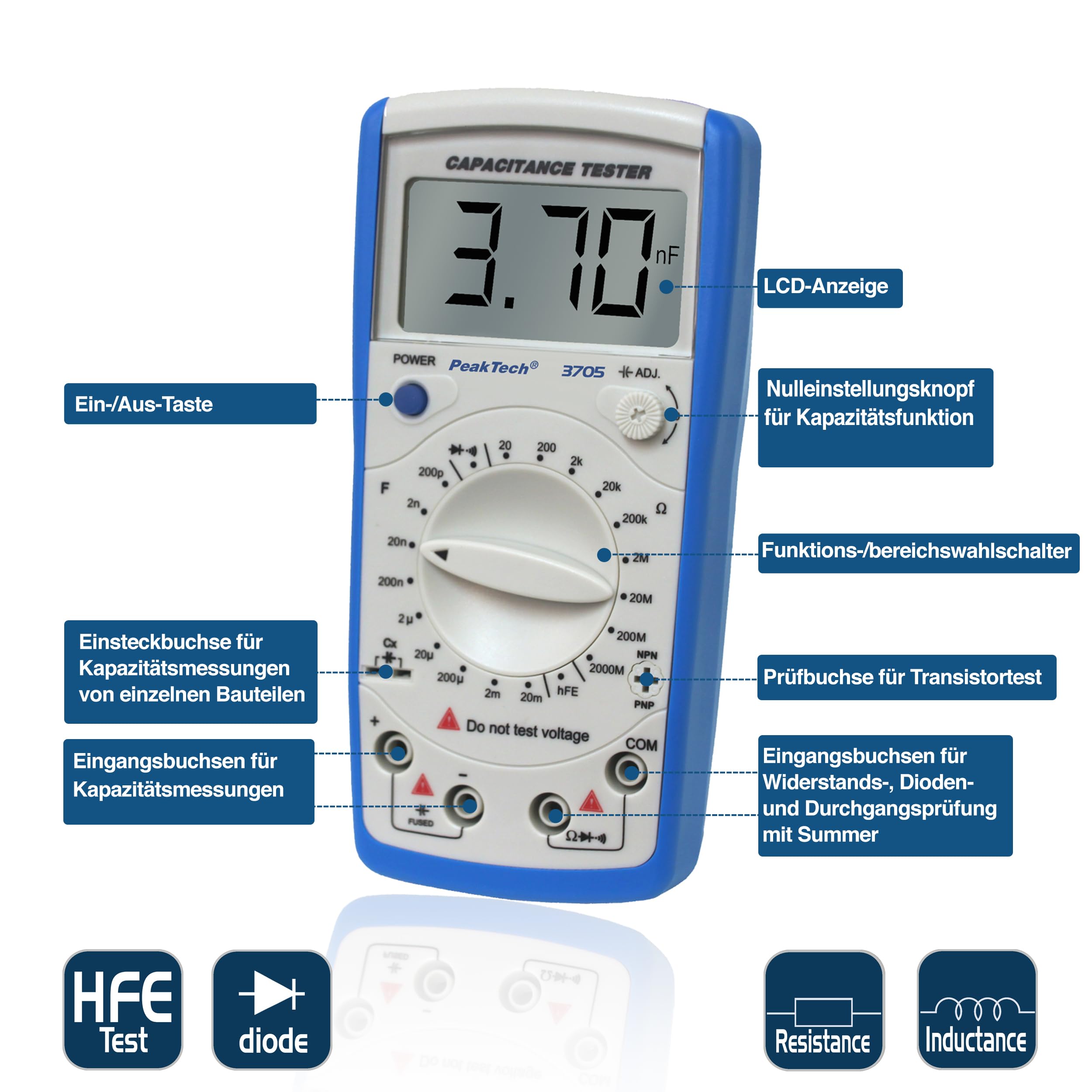 PeakTech P 3705 Digital Medidor de Capacitancia 20MF Resistencia 2000 Mohm Probador Continuidad Diodos Transistor Hfe