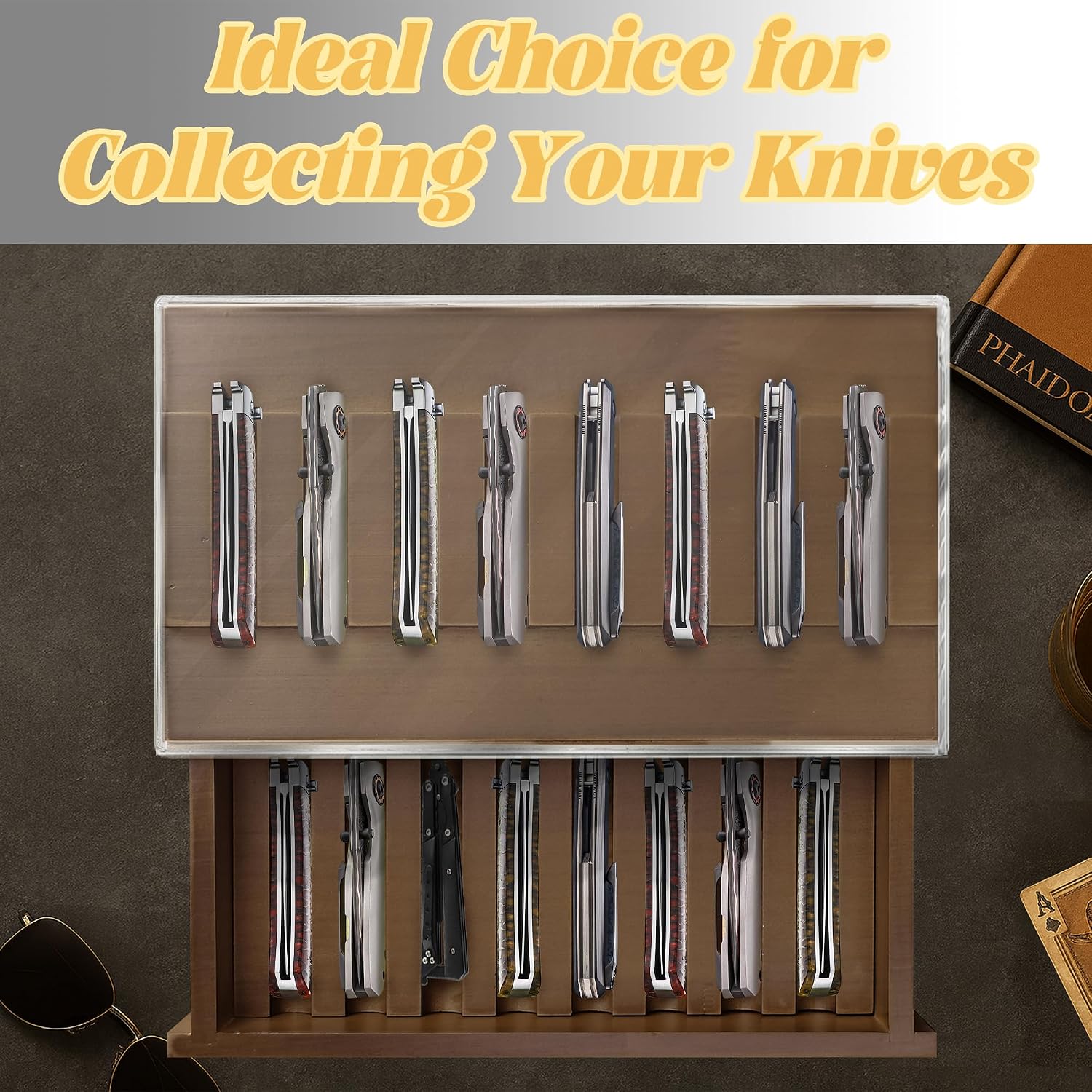 Condition photo showing New/Like New for knife display case,2 tier wooden pocket knife collection case with acrylic lid, pocket knife storage drawer organizer, walnut