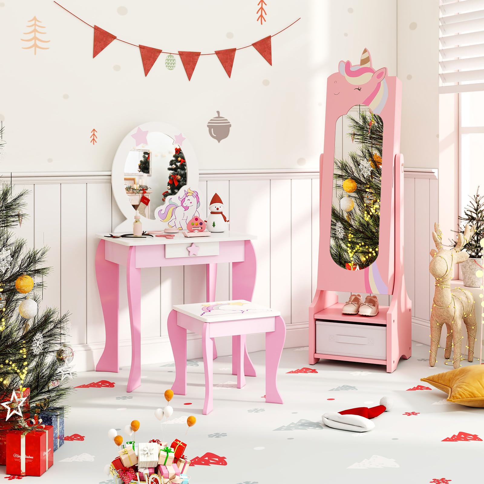 GYMAX Armadio Gioielli per Bambini, Specchio a Figura Intera con 2 Angoli Regolabili, Organizzatore di Gioielli da Principessa con Cassetto per Camera da Letto, Cameretta, 31,5 x 30 x 115cm (Rosa)