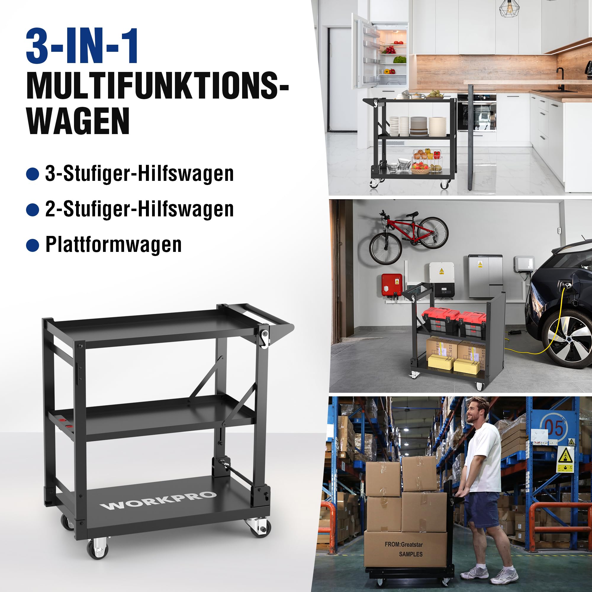 WORKPRO Servierwagen 3-in-1, Klappbarer Wagen 3 Etagen, Rollwagen klappbar, Dienstwagen mit Rädern, für Küche, Hotel, Werkstatt, Kunststudio und Galerie